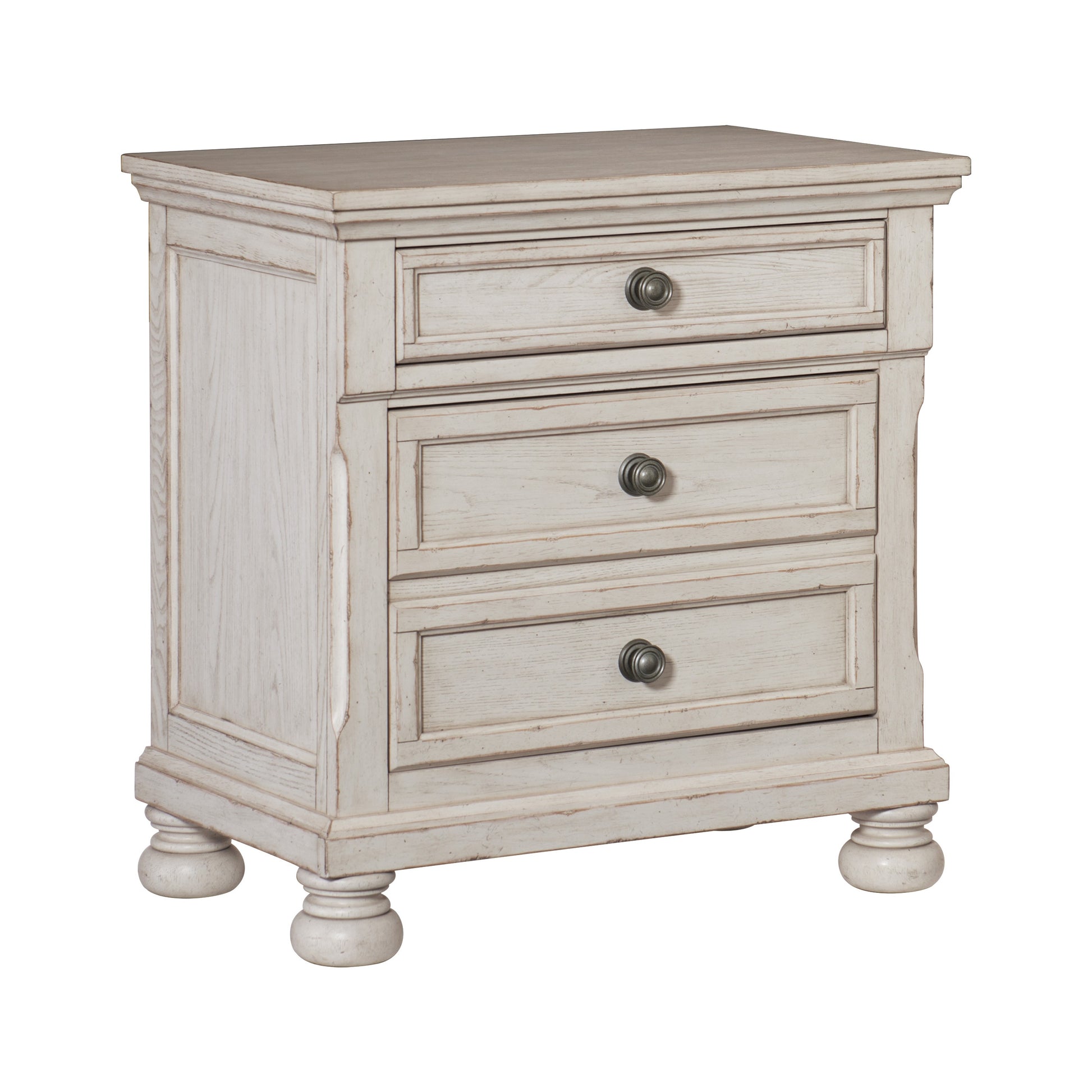 White washed wood threedrawer nightstand with ornate dark metal knobs