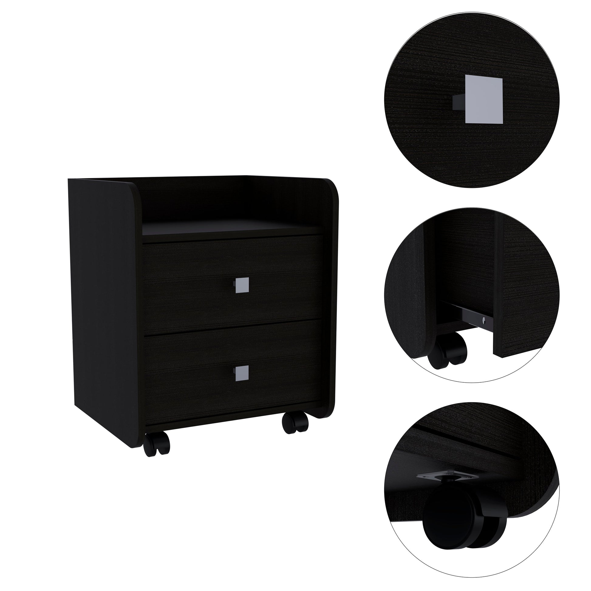 Black wood grain bedside table with two drawers and silver square pulls