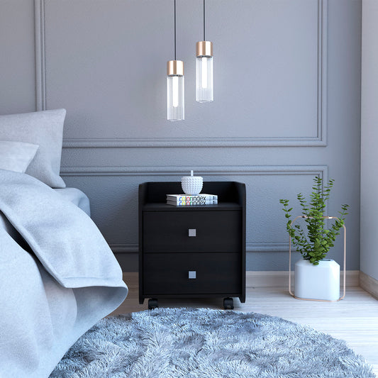 Black wood bedside table with two drawers