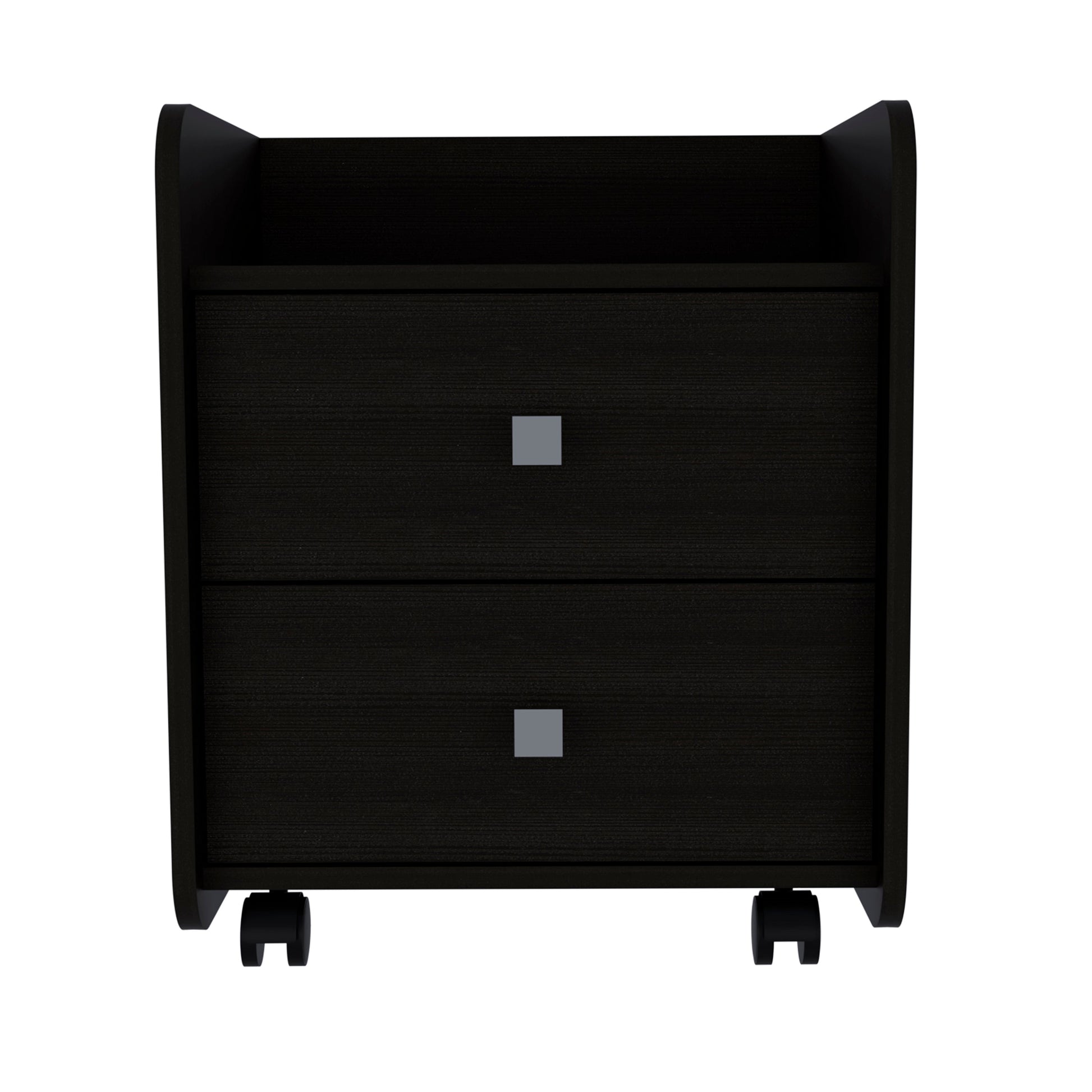Black twodrawer mobile file cabinet with silver square pulls and black casters