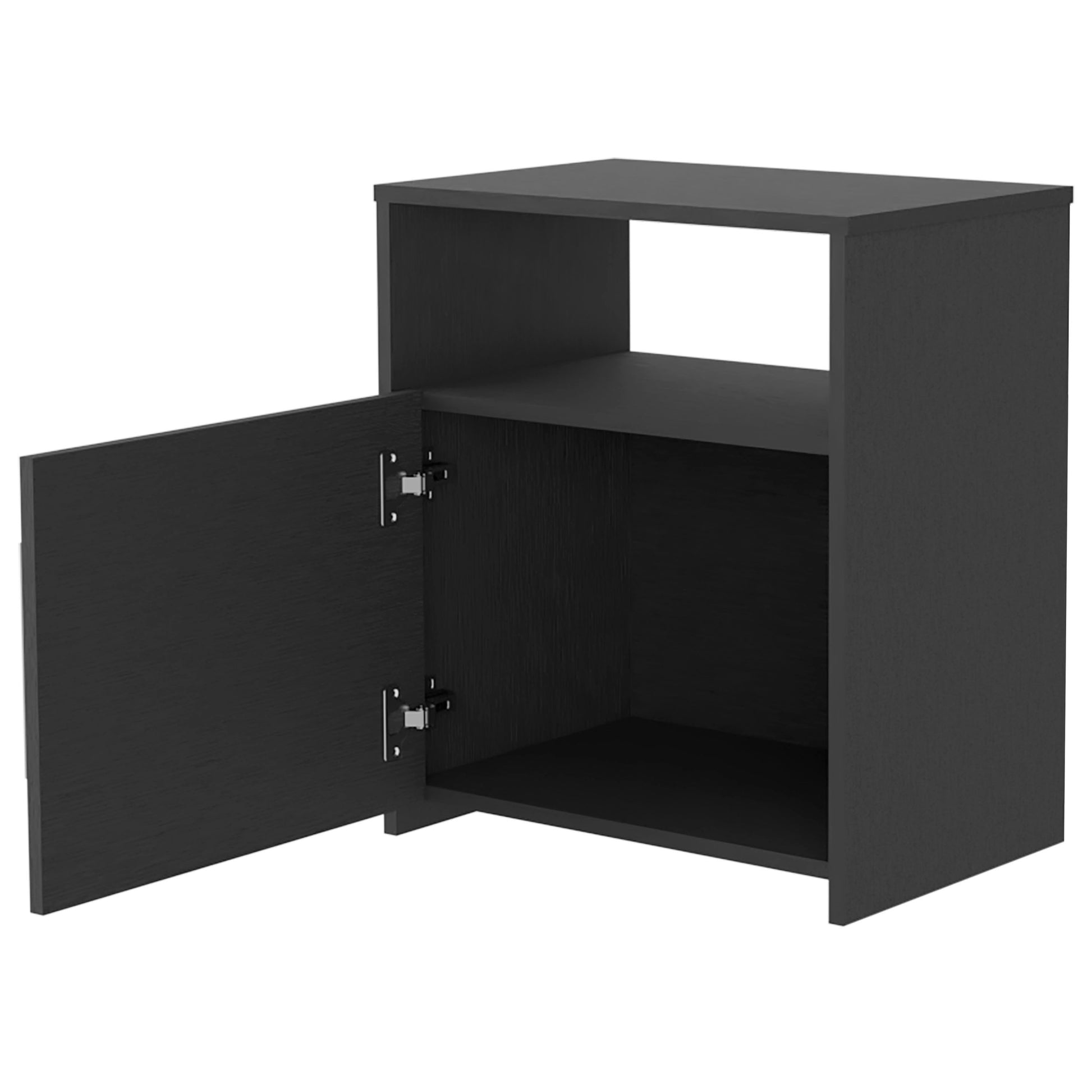 Black minimalist cabinet with open door and internal shelf