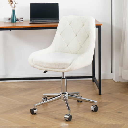 Plush white swivel desk chair with diamond tufting and chrome base