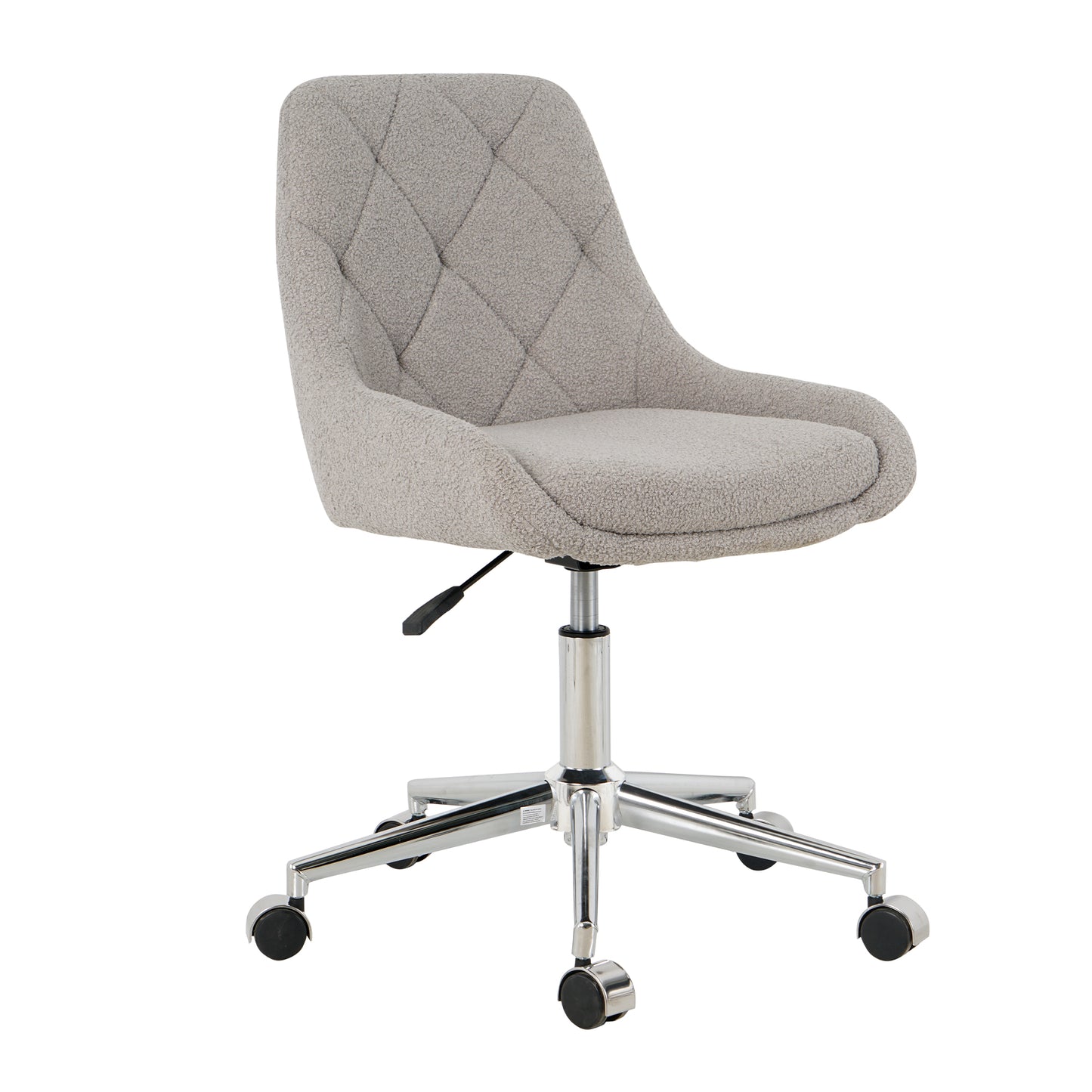 Textured grey swivel desk chair with diamond tufting and chrome base