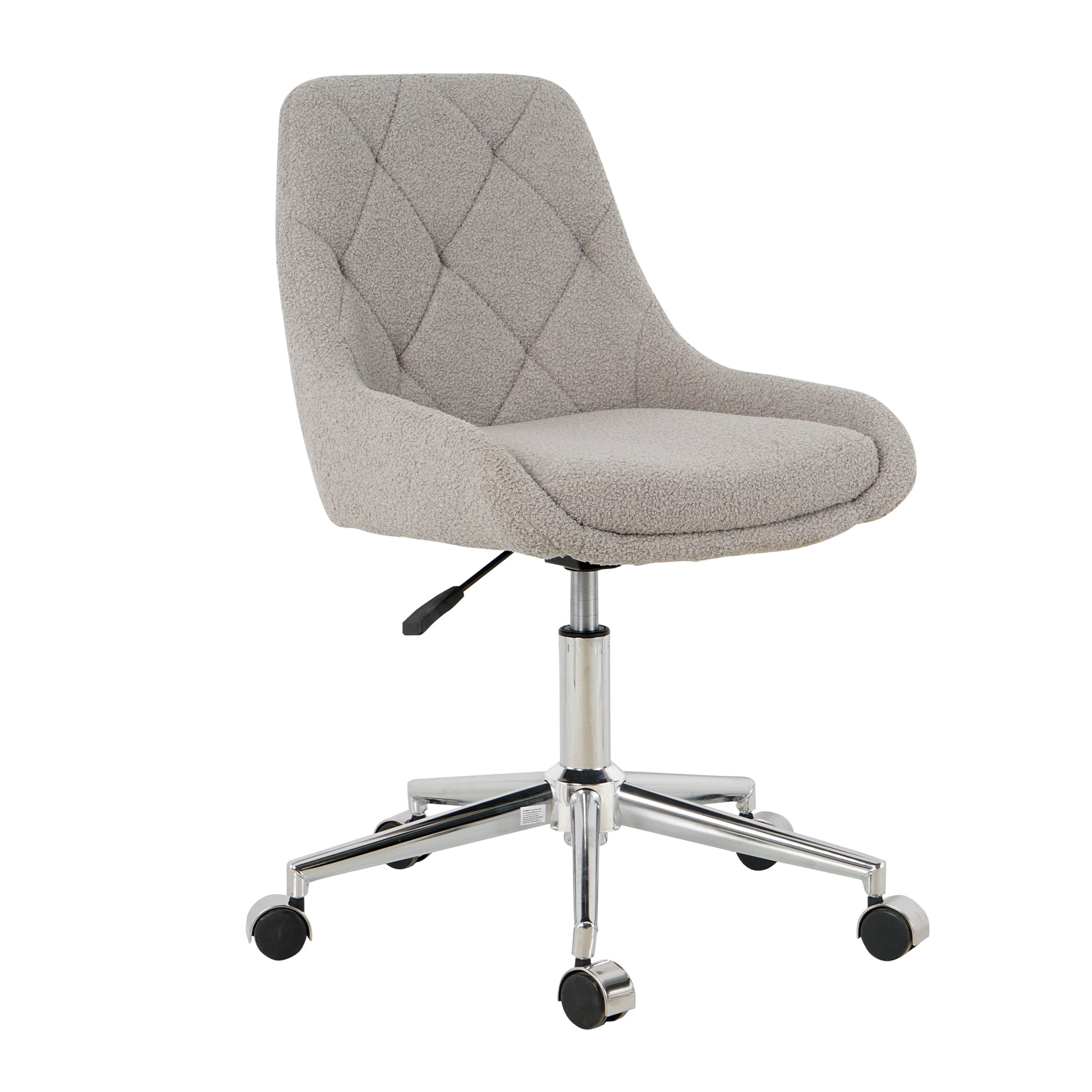 Textured grey swivel desk chair with diamond tufting and chrome base