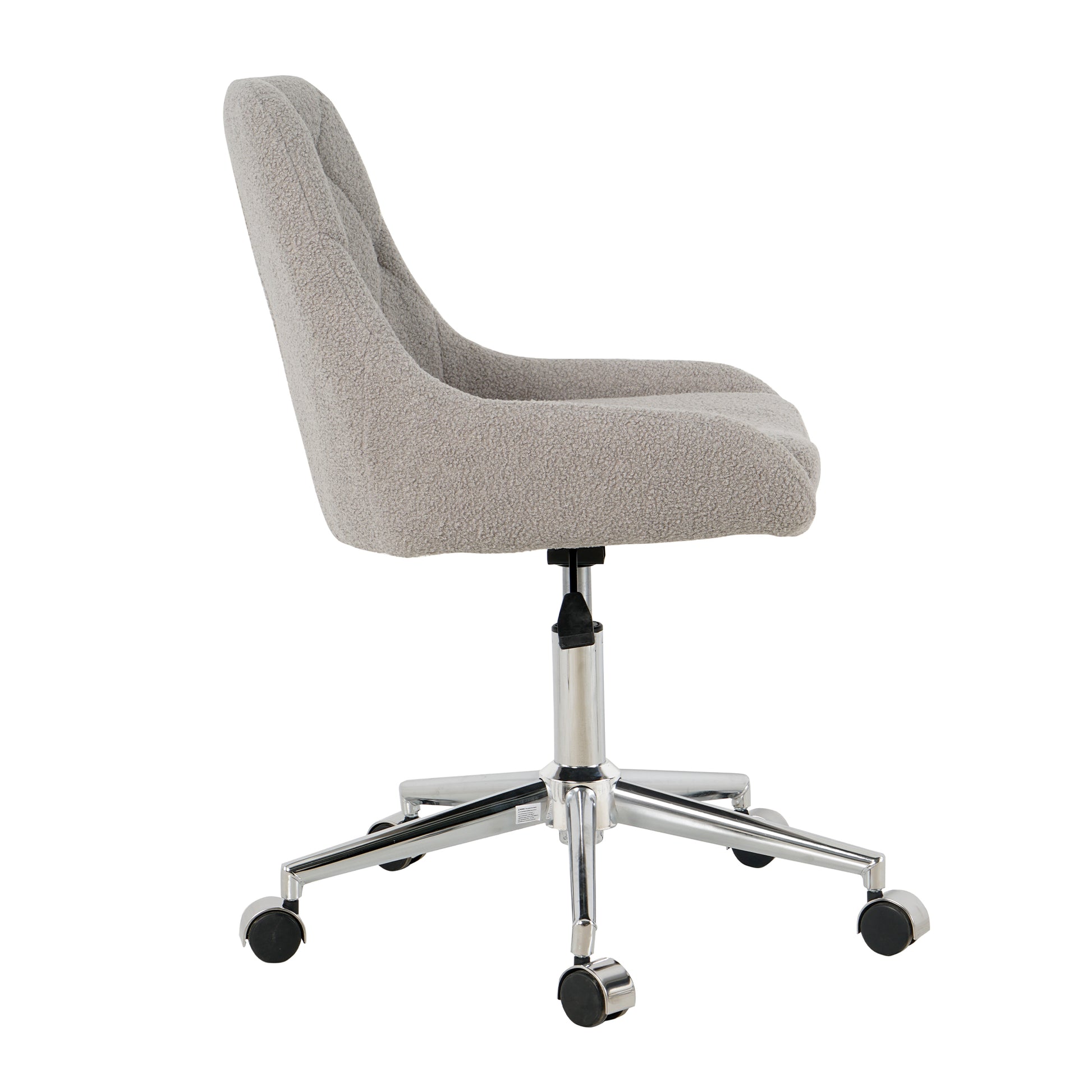 Modern grey boucle fabric office chair with chrome base and casters