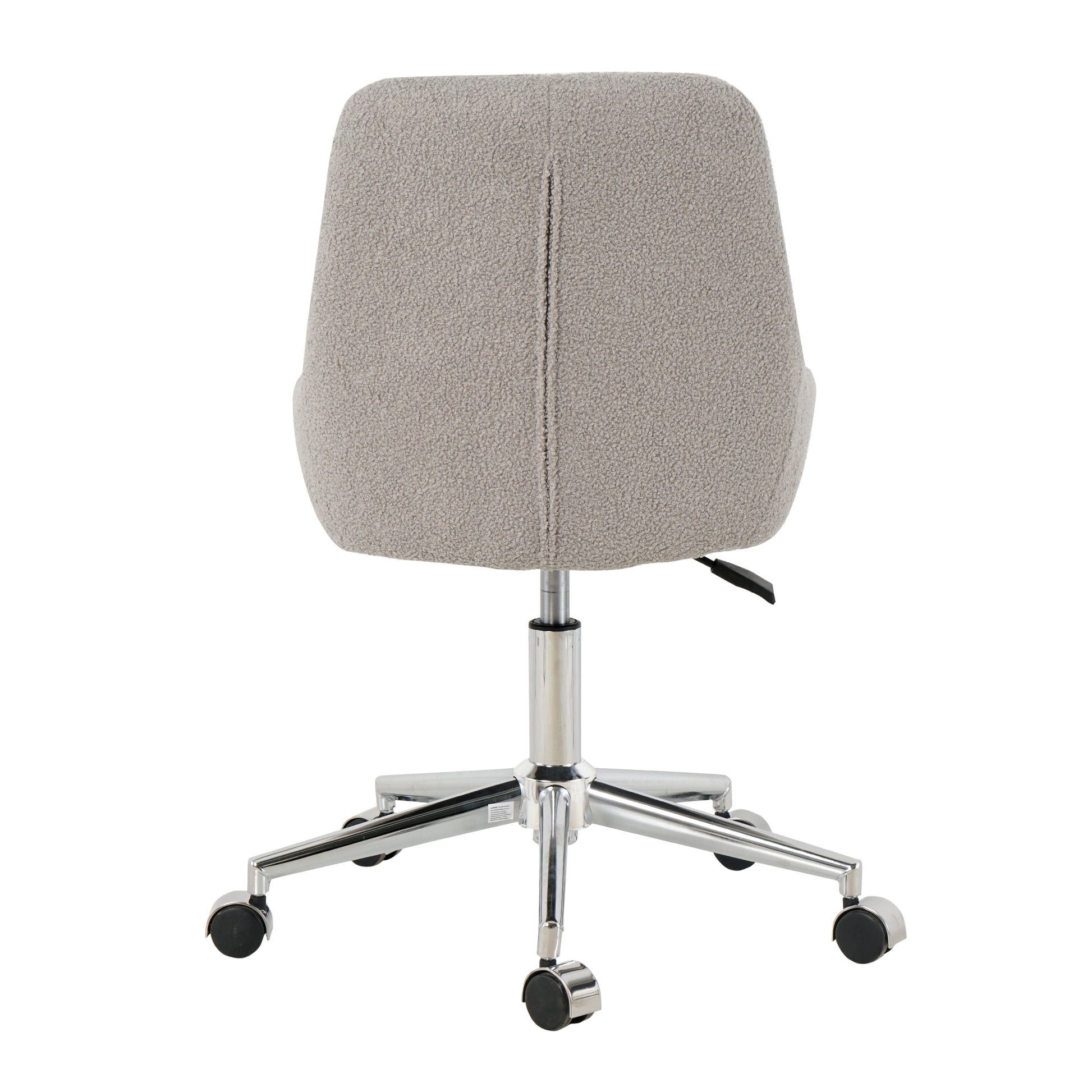 Gray boucle fabric desk chair with chrome fivestar base and casters