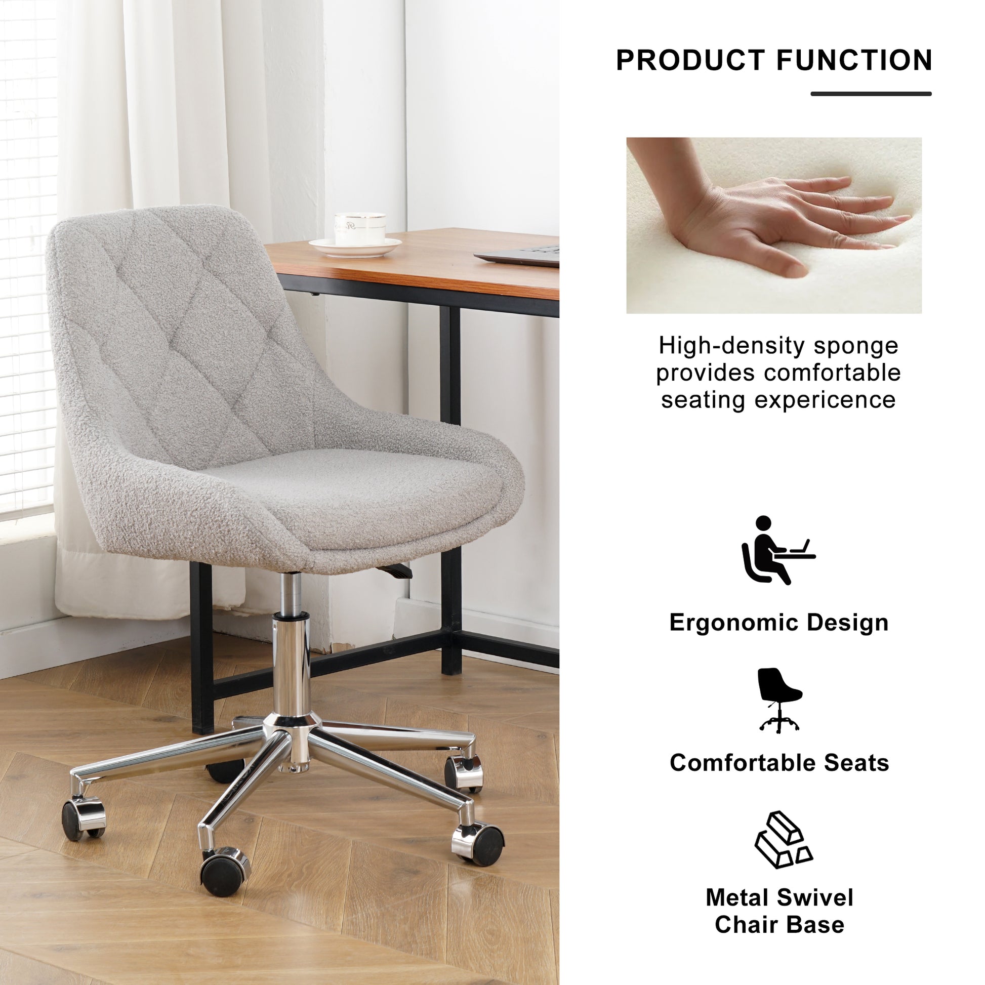 Gray sherpa swivel desk chair with diamond tufting and chrome base