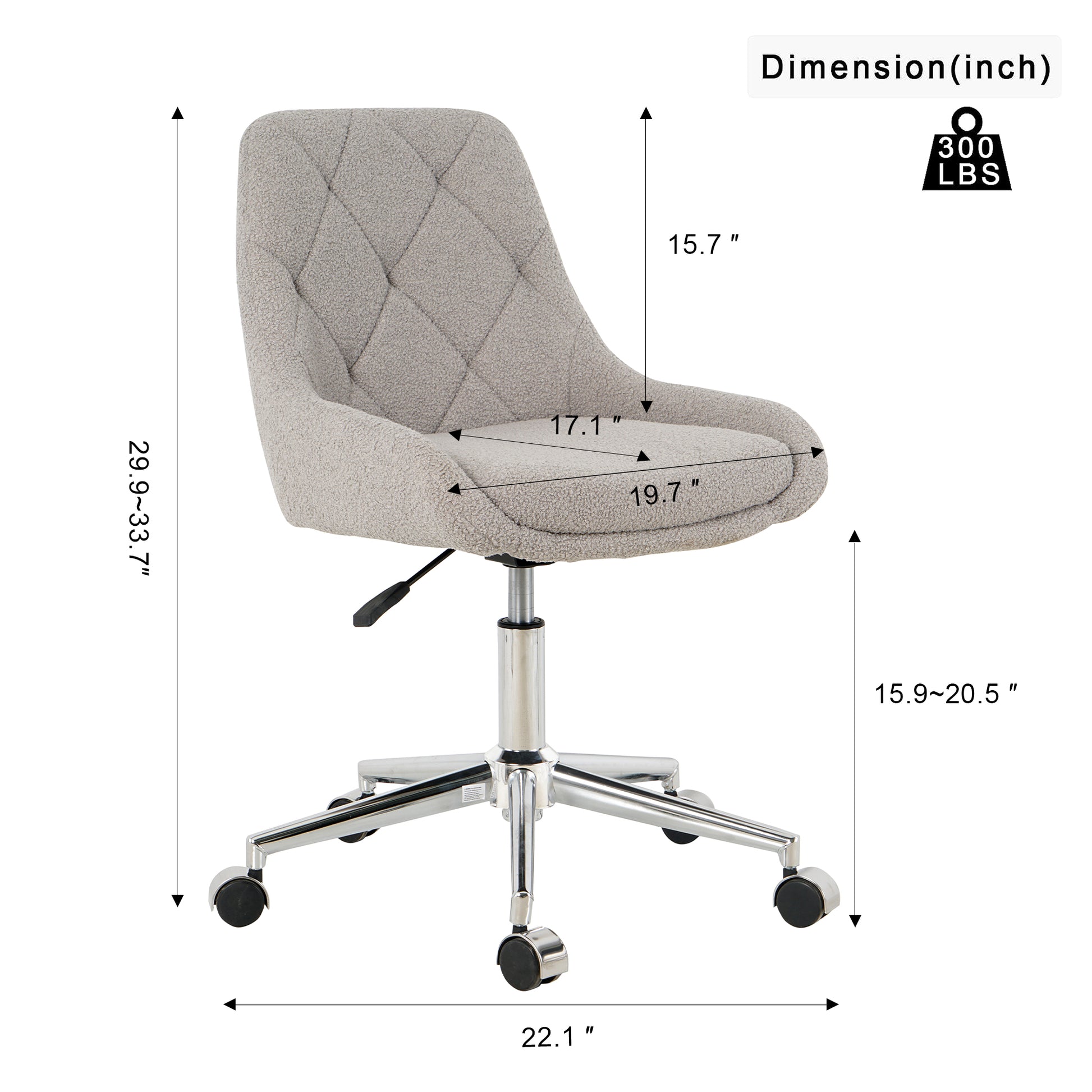Light grey boucle fabric office chair with diamond tufting and adjustable height