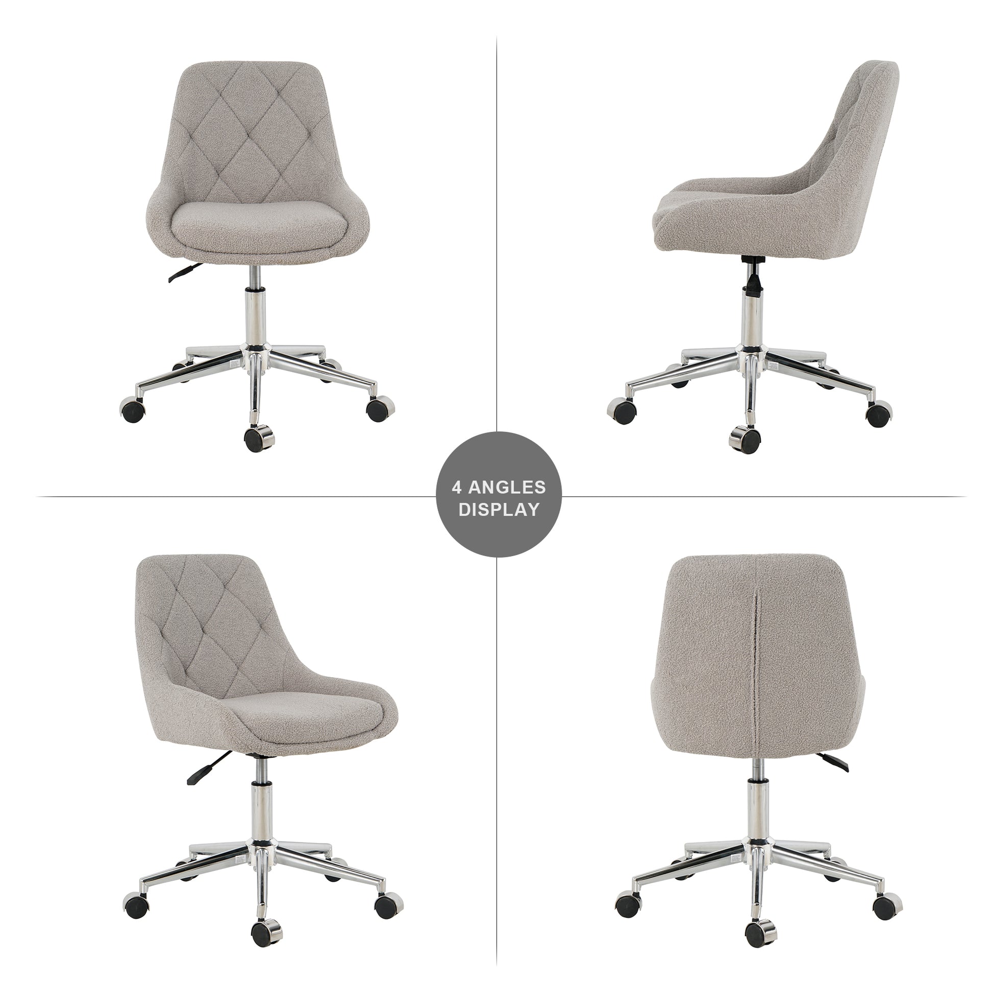 Light gray boucle fabric desk chair with diamond tufting and chrome base