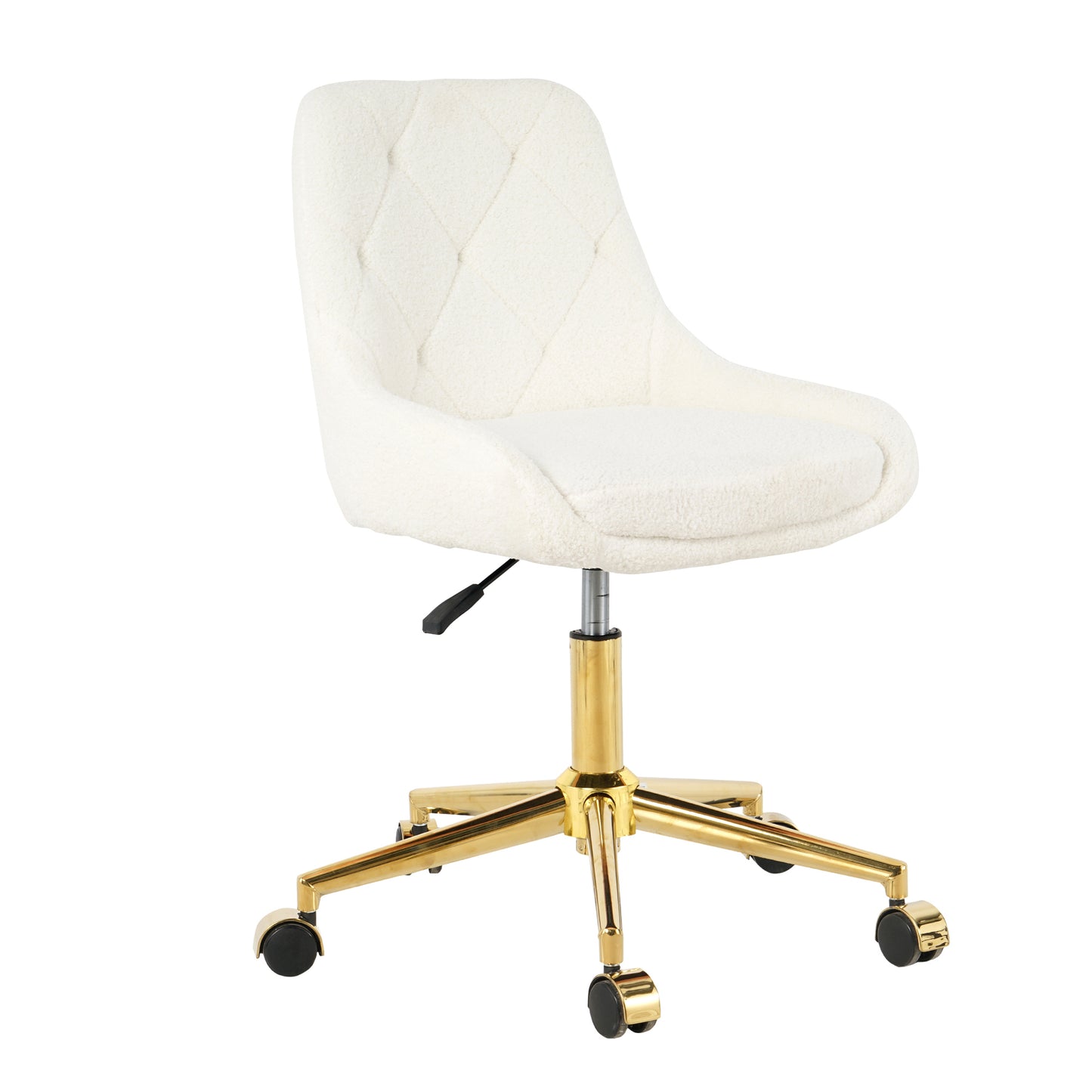 Ivory teddy boucle desk chair with diamond tufting and gold base