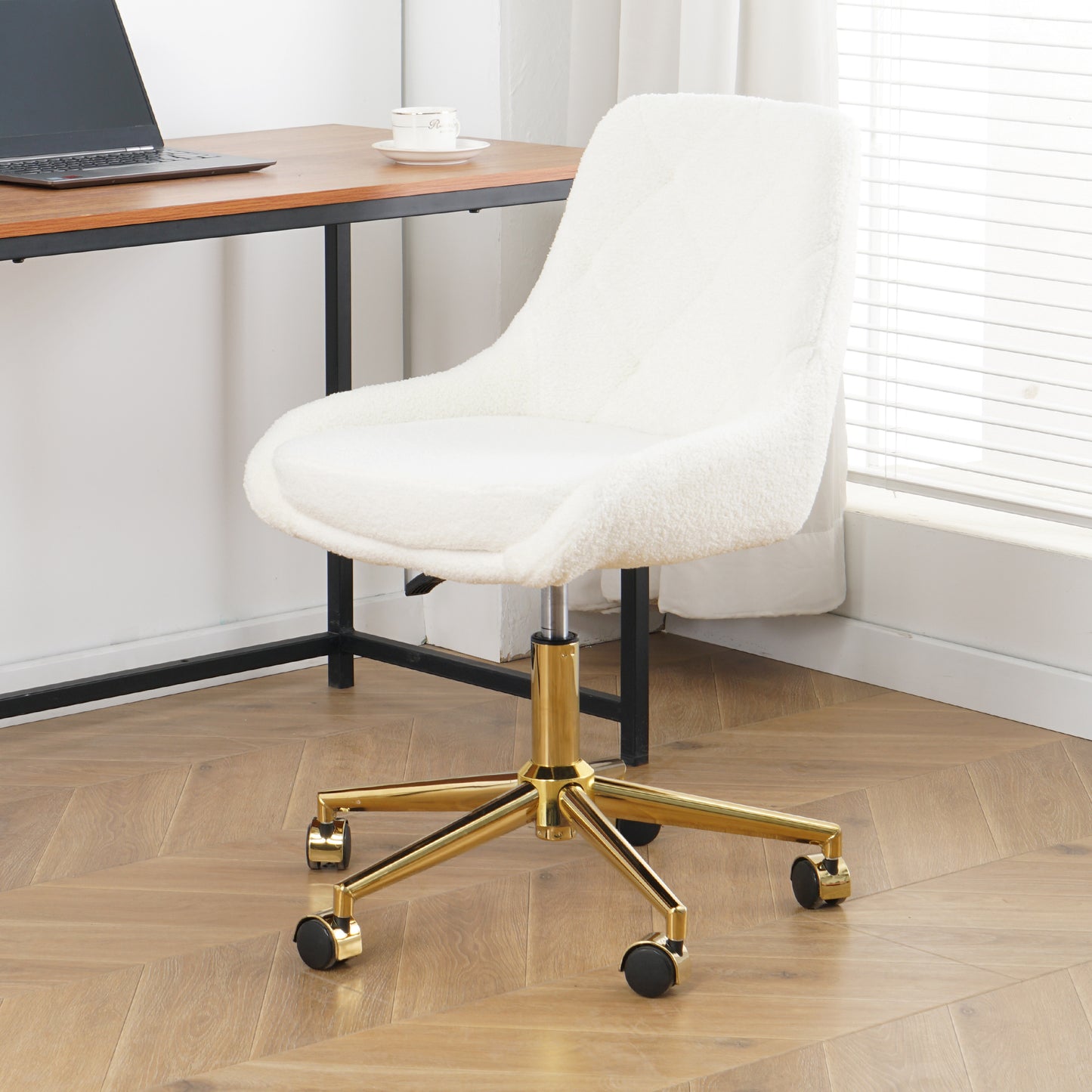 Plush white sherpa accent chair with gold swivel base for home office