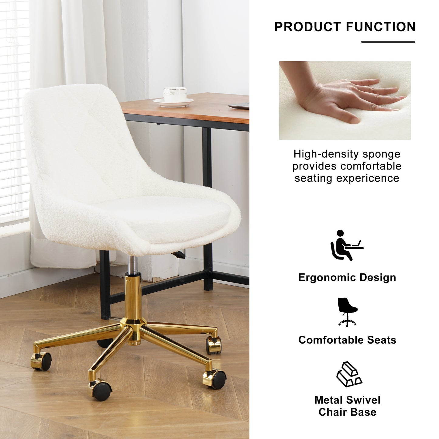 White fluffy accent chair with gold legs