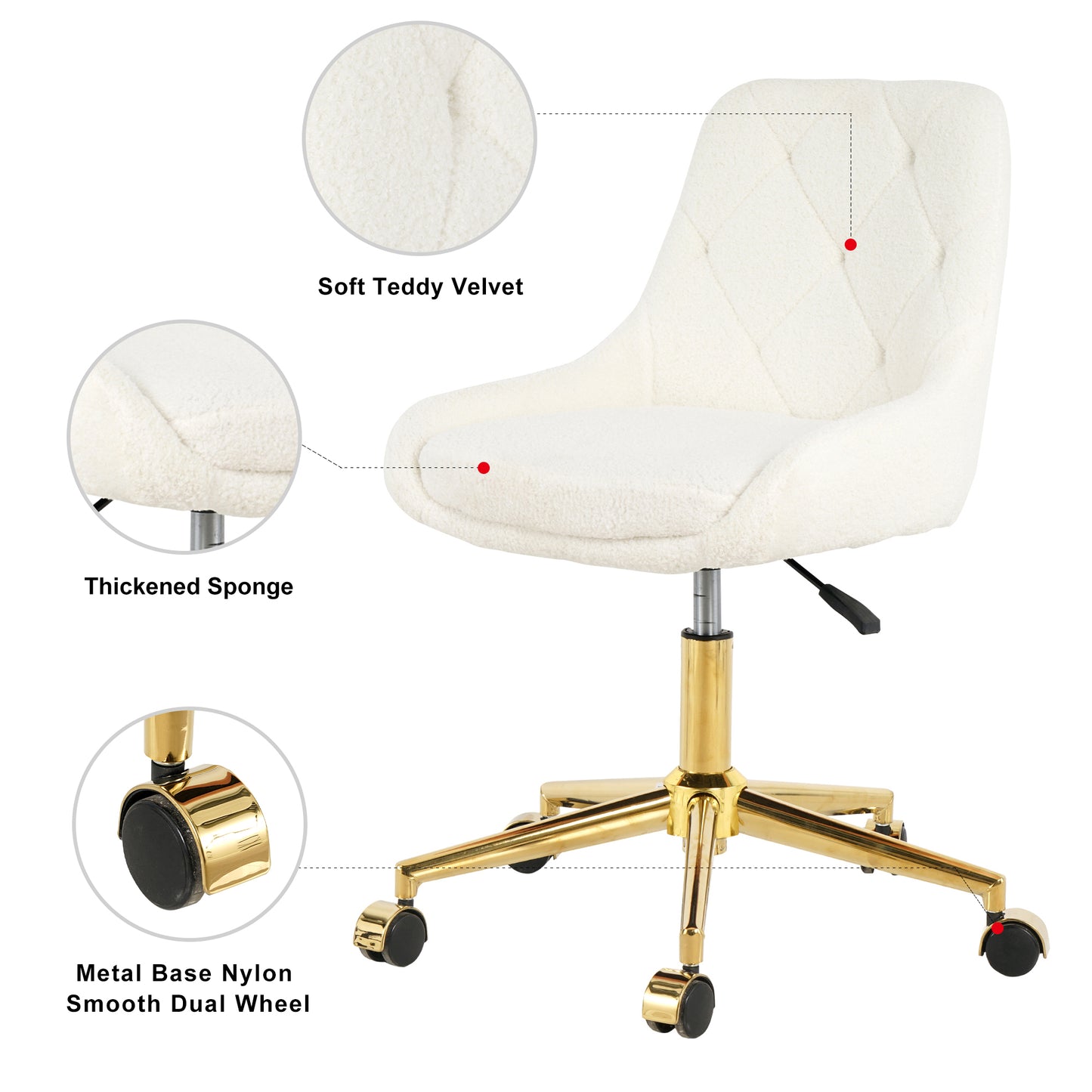 Cream teddy velvet accent chair with gold base and wheels
