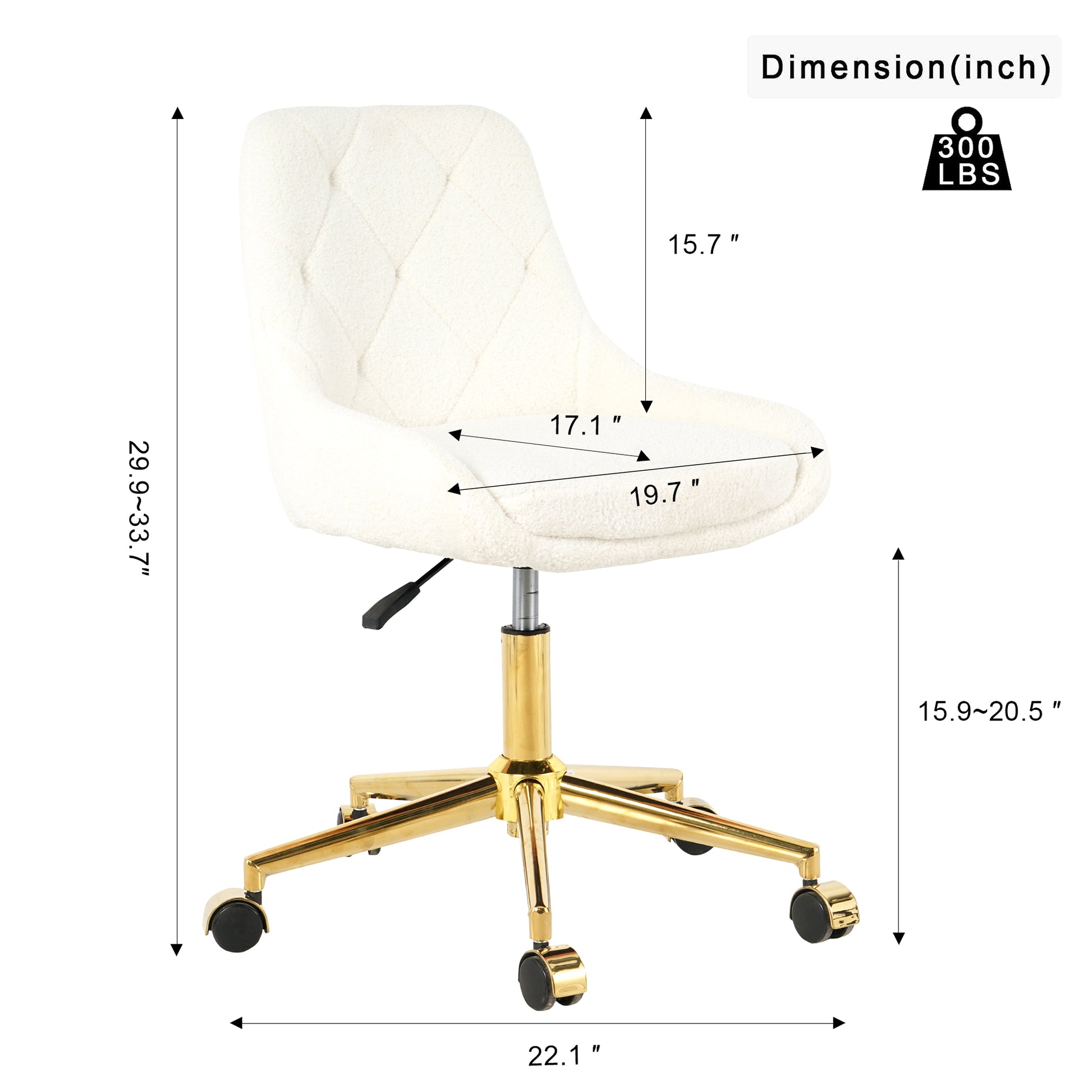 Cream textured swivel office chair with diamond tufting and gold base