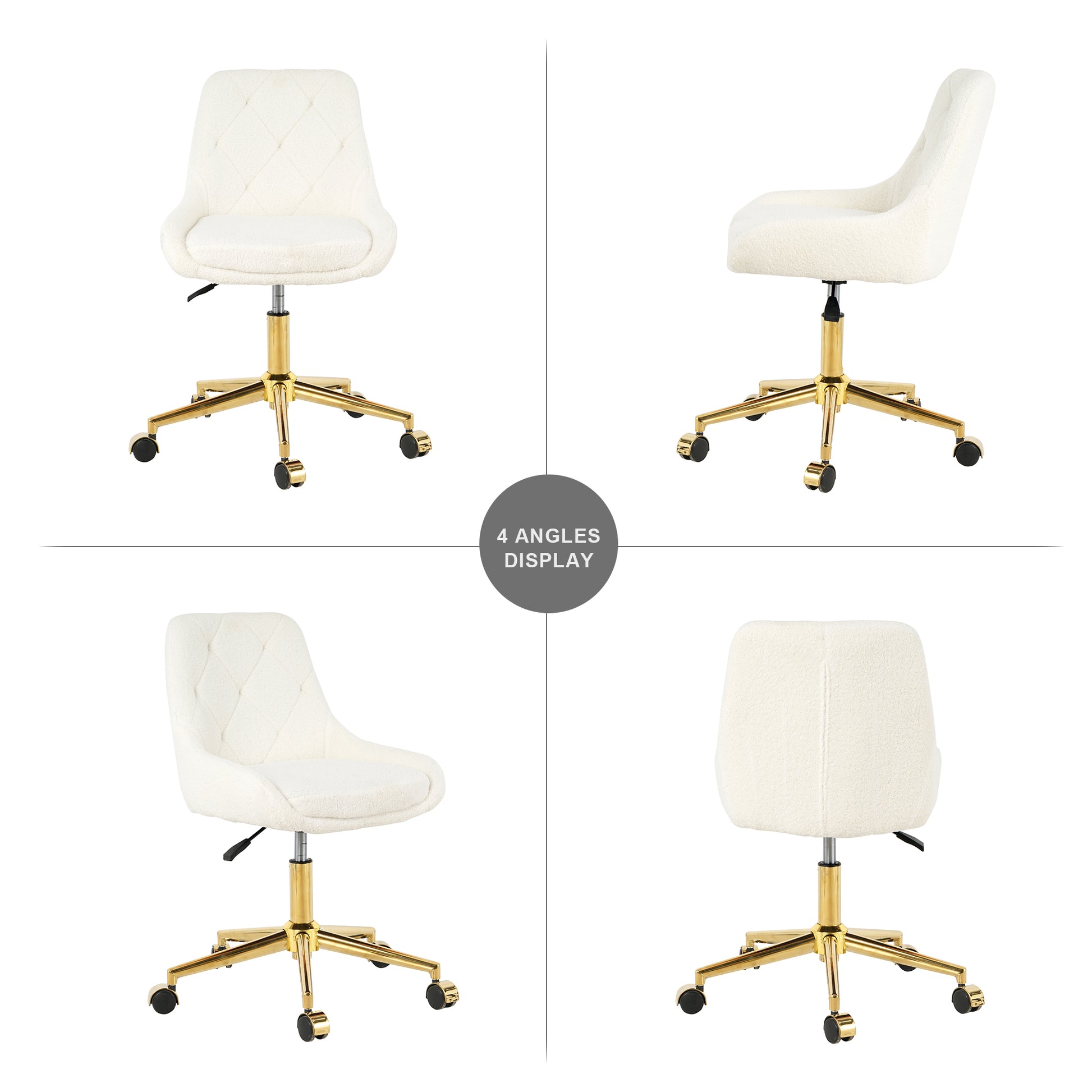 Cream boucle tufted office chair with gold base and wheels