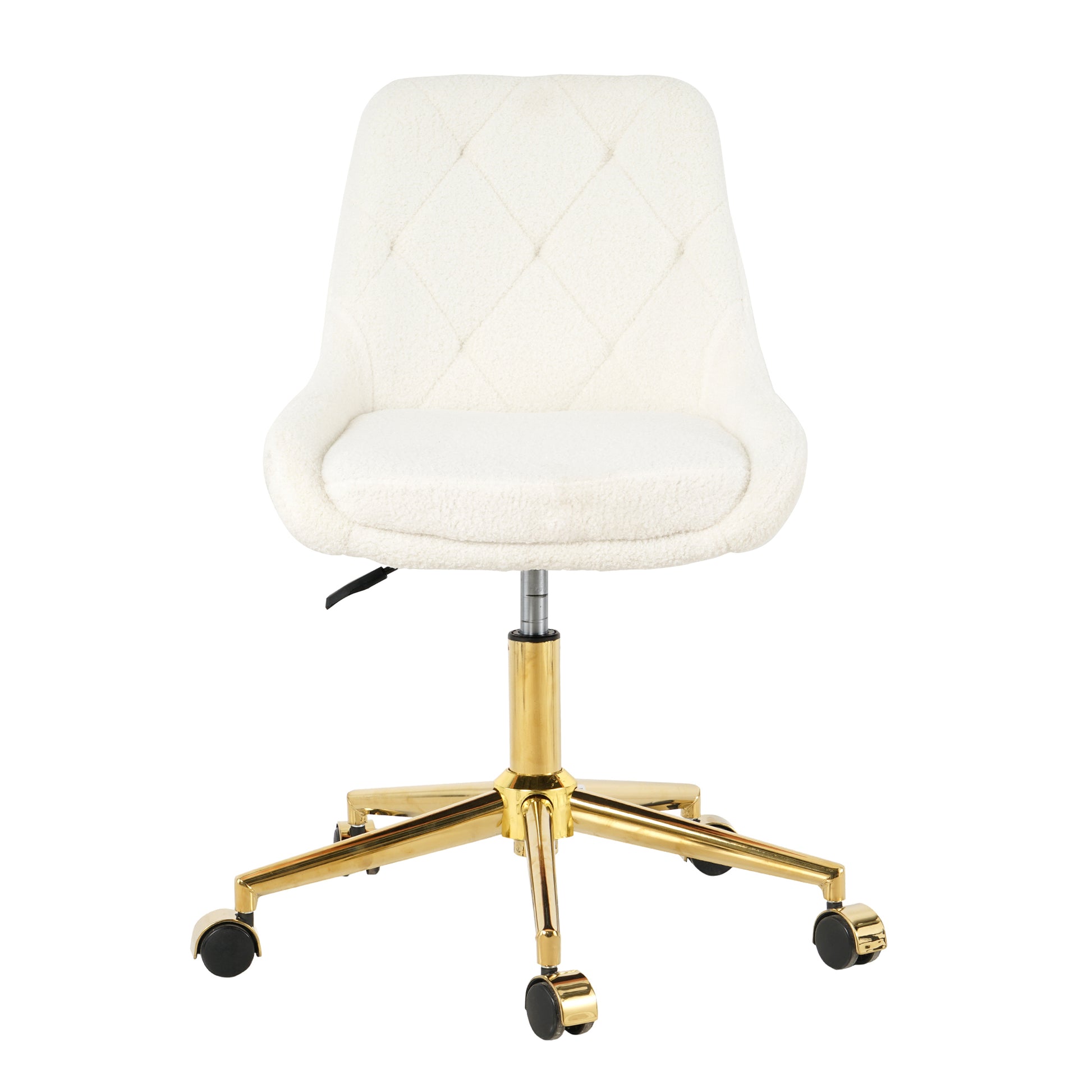 Cream sherpa fabric tufted executive chair with gold accents and wheels