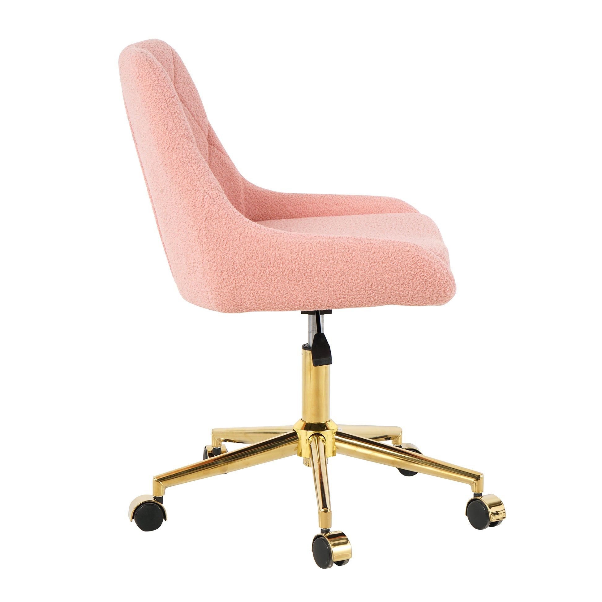 Pink boucle swivel chair with adjustable height and gold base