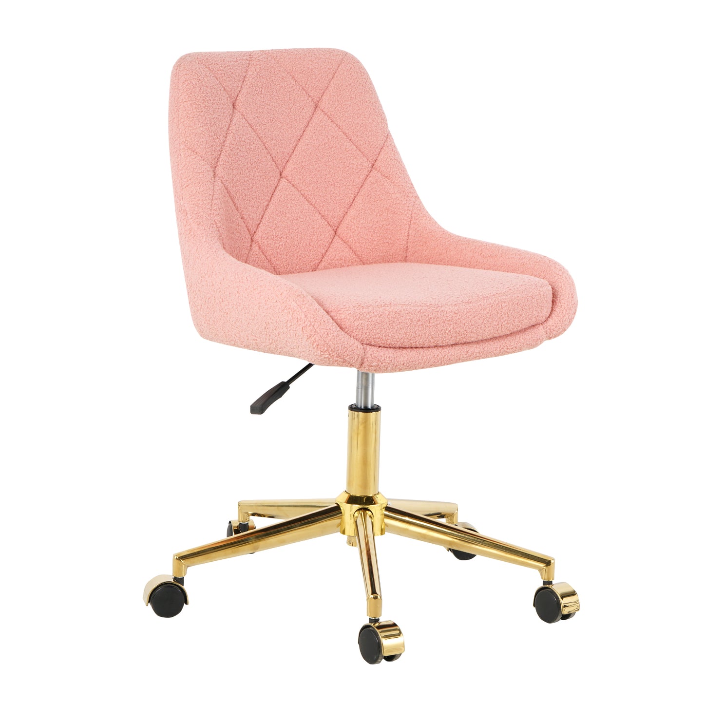 Pink teddy fabric desk chair with diamond tufting and gold base