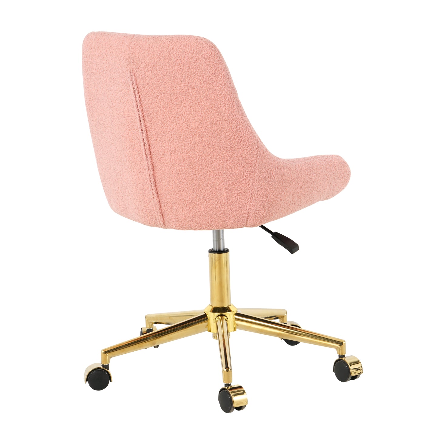 Pink sherpa fabric office chair with gold metal base and wheels