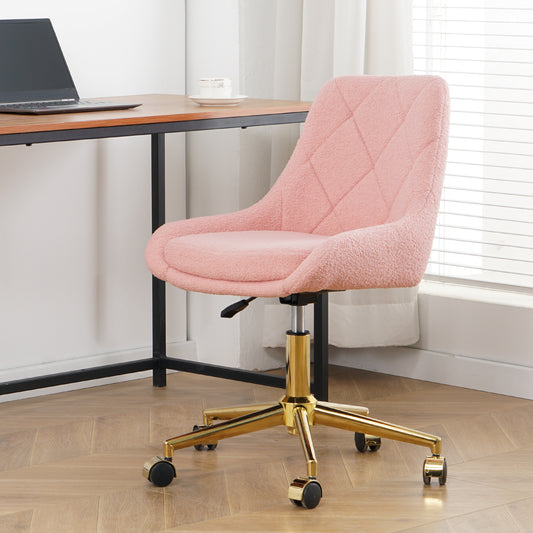 Pink sherpa desk chair with quilted diamond pattern and gold base