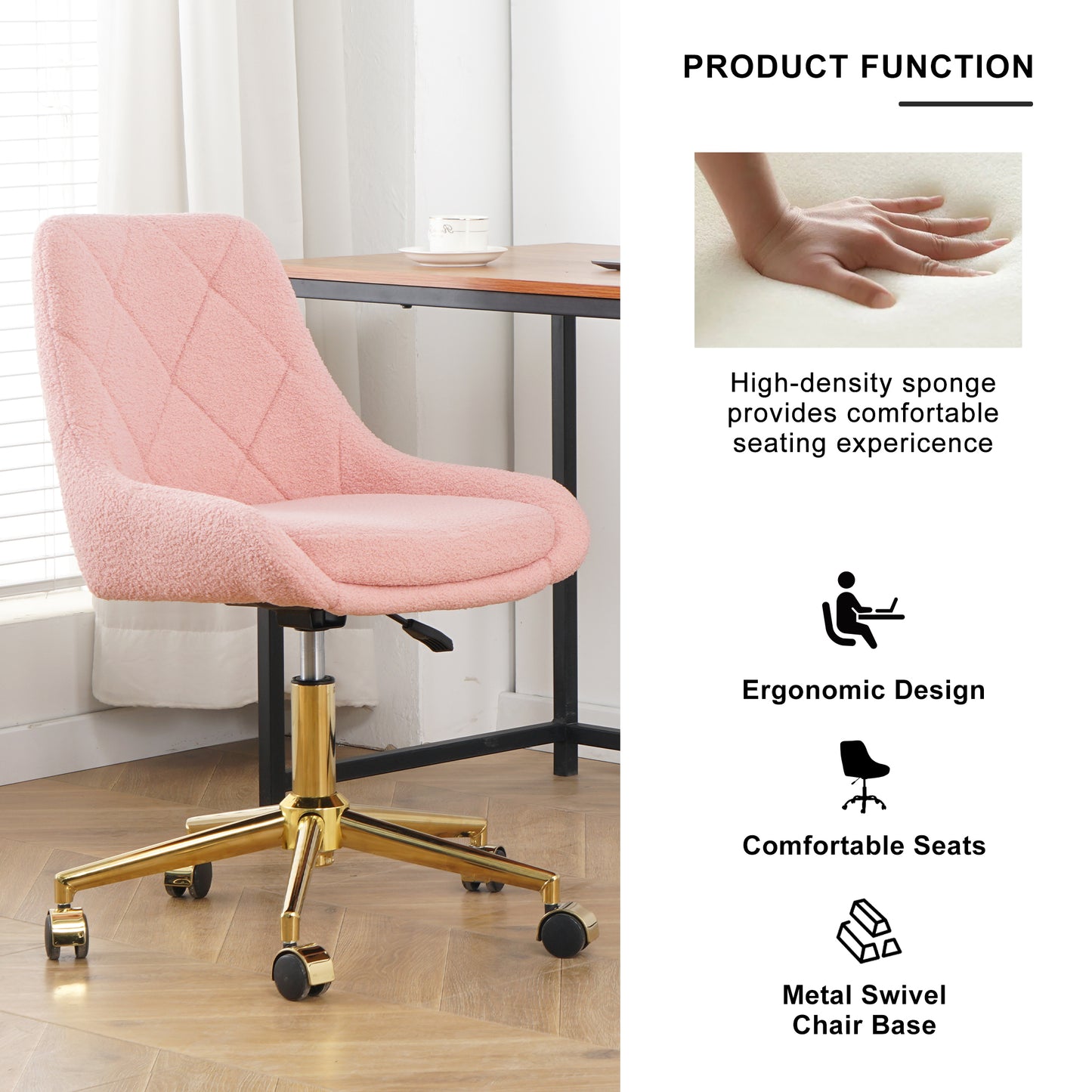 Pink sherpa office chair with diamond tufting and gold base