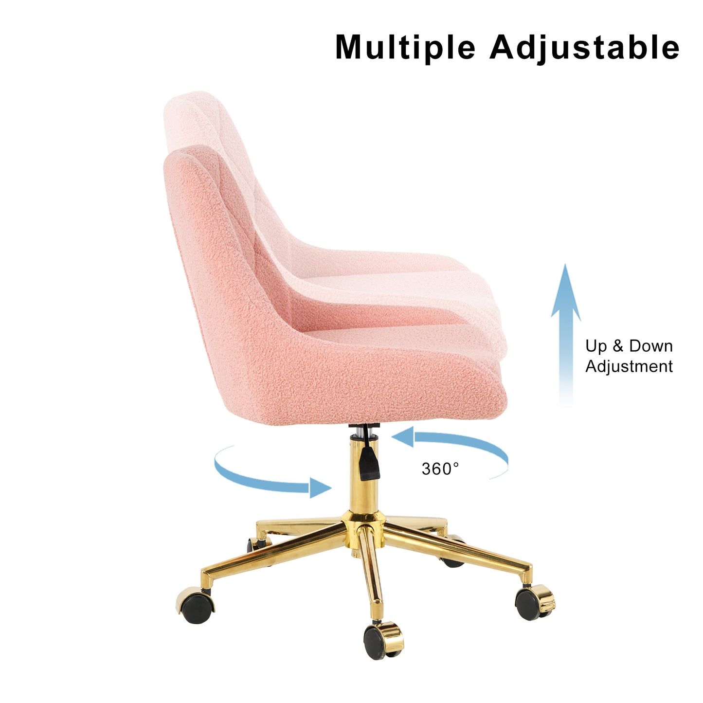 Pink sherpa office chair with gold base and adjustable height