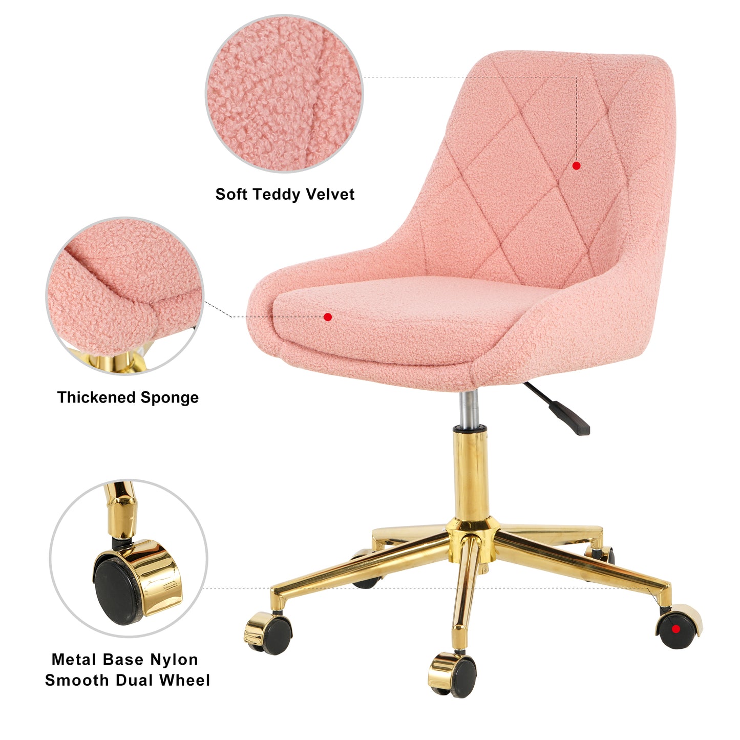 Pink teddy velvet office chair with diamond quilting and gold base