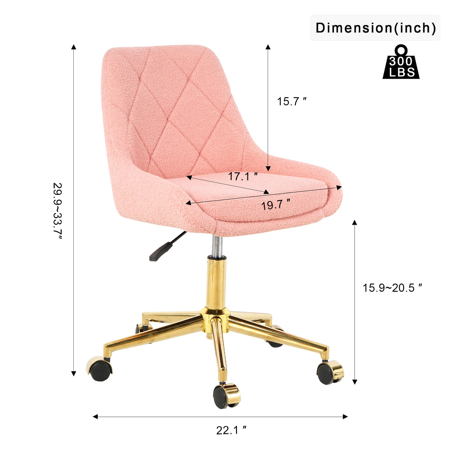 Pink boucle desk chair with diamond stitching and gold legs