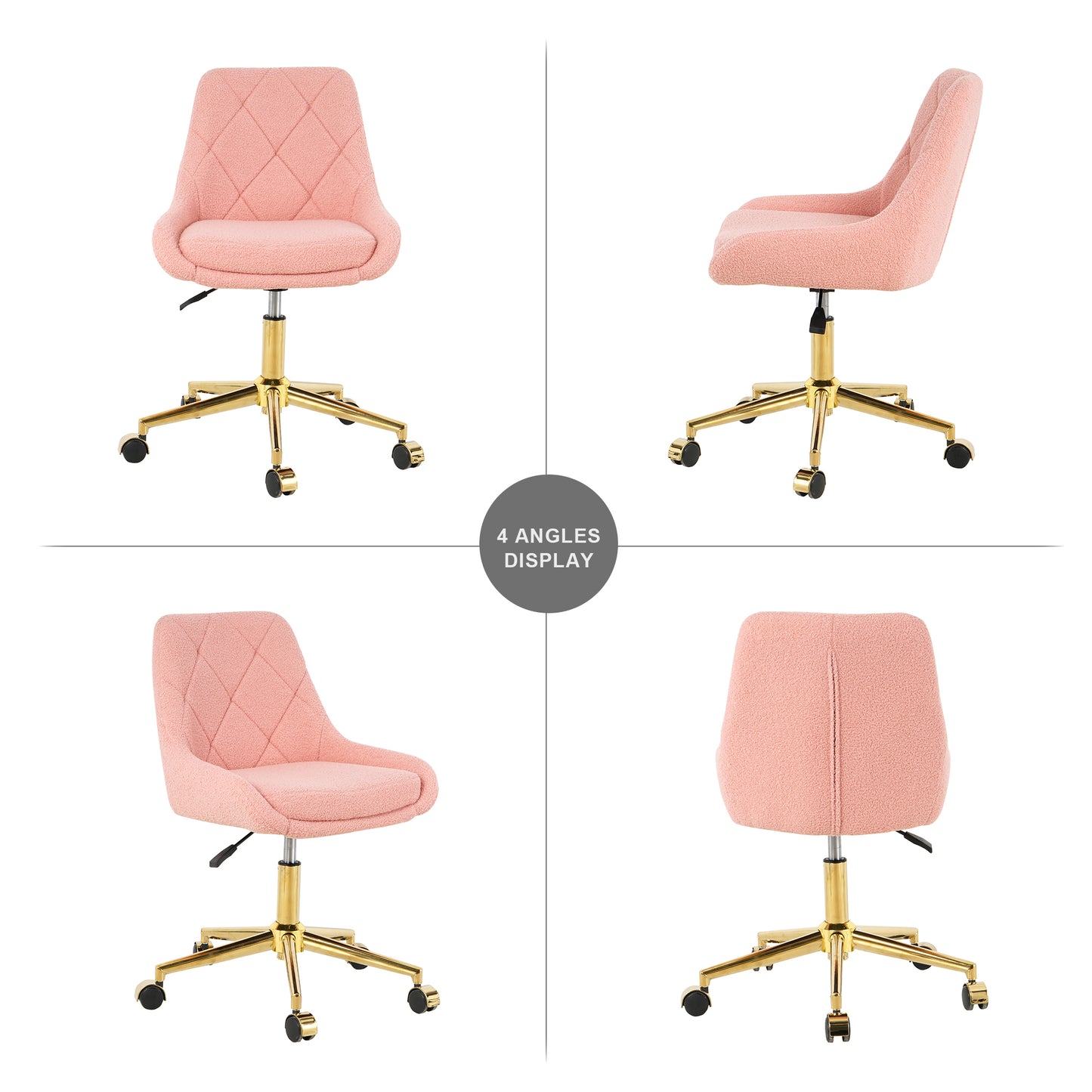 Pink boucle desk chair with diamond tufting and gold base