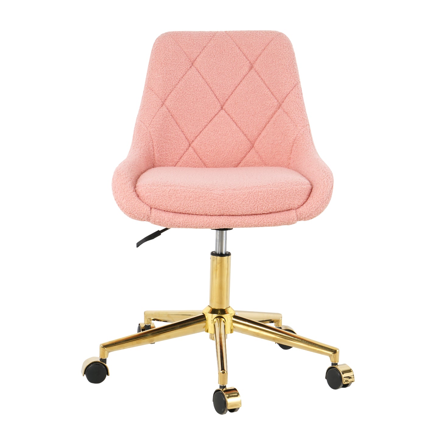 Pink boucle upholstered desk chair with diamond tufting and gold base