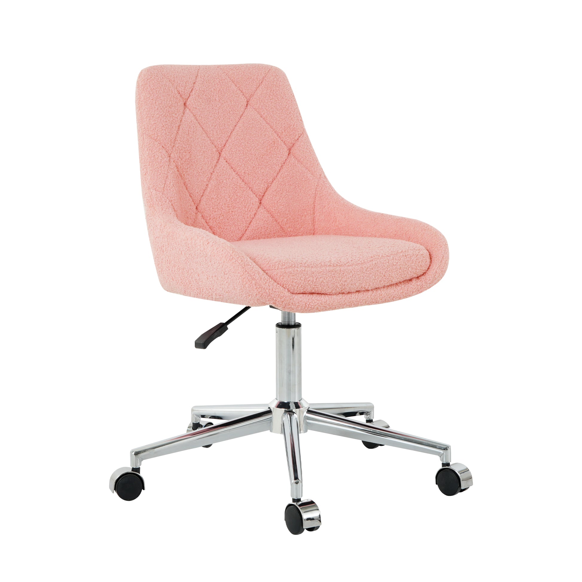 Pink sherpa desk chair with diamond tufting and chrome base