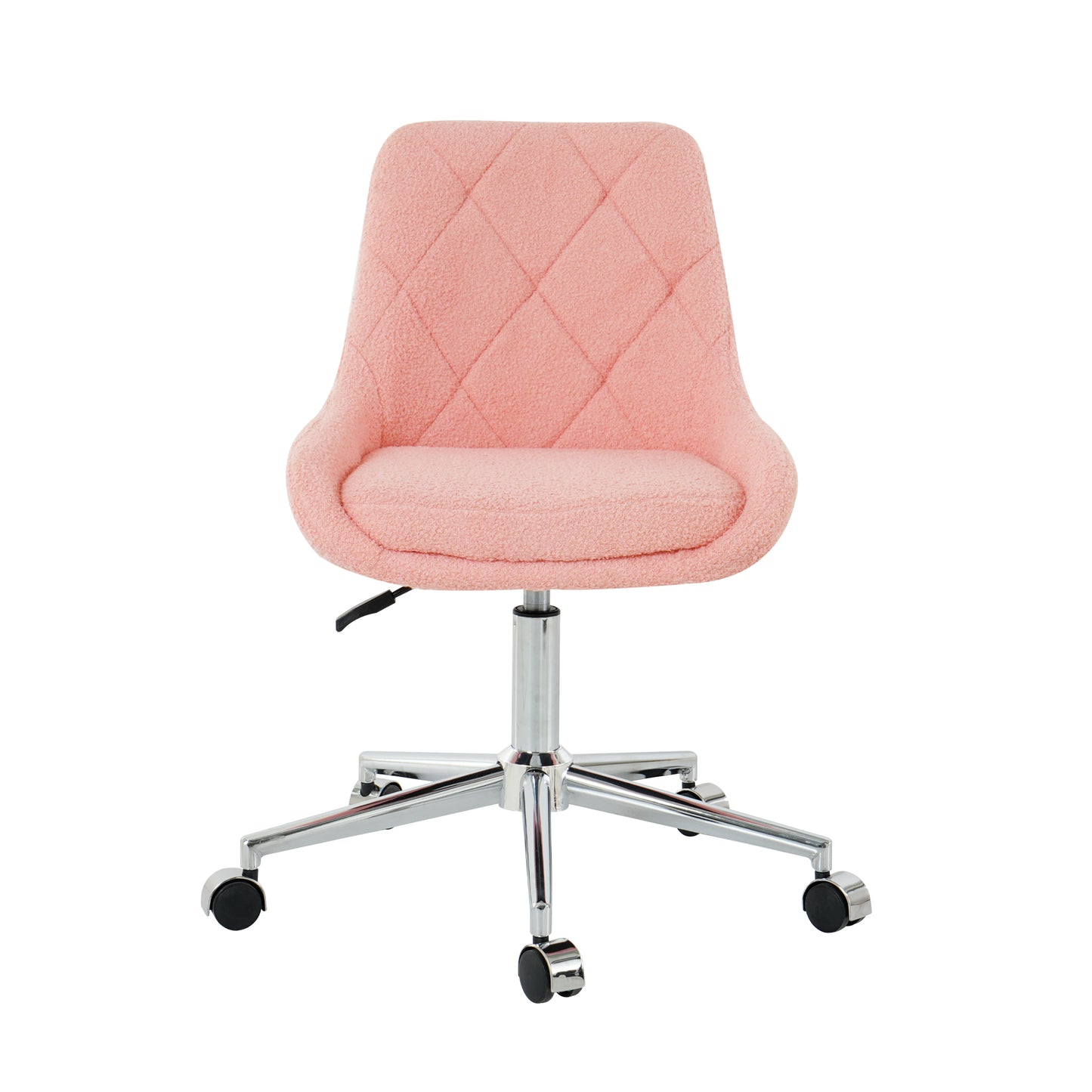 Pink teddy fabric desk chair with diamond quilting and chrome base