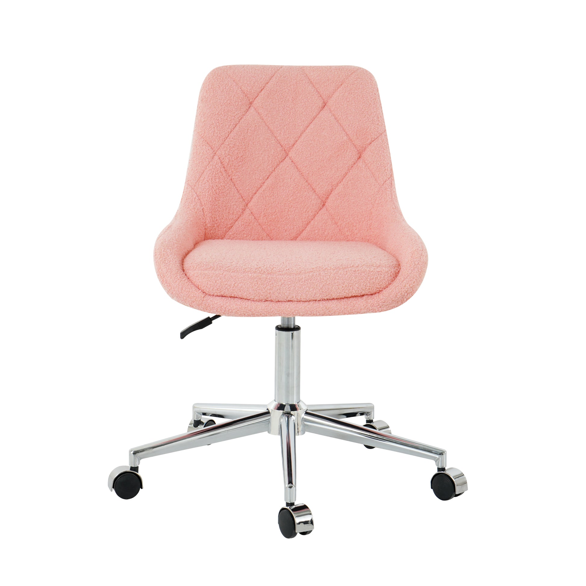 Pink teddy fabric desk chair with diamond quilting and chrome base
