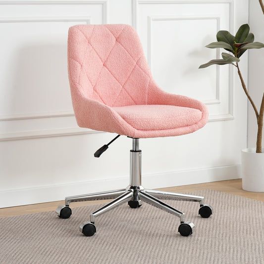 Pink boucle desk chair with diamond tufting and chrome base