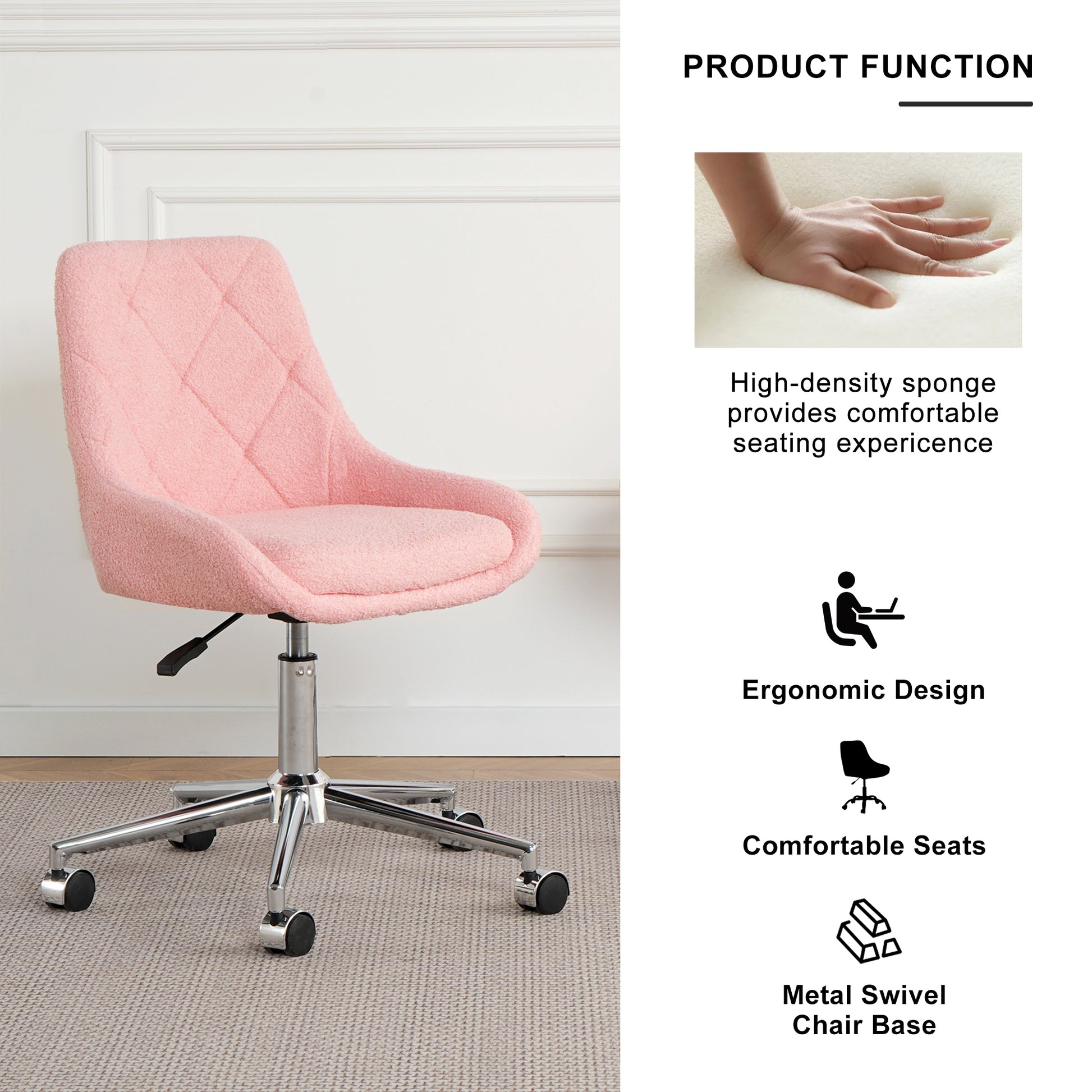 Pink sherpa desk chair with diamond tufting and chrome base