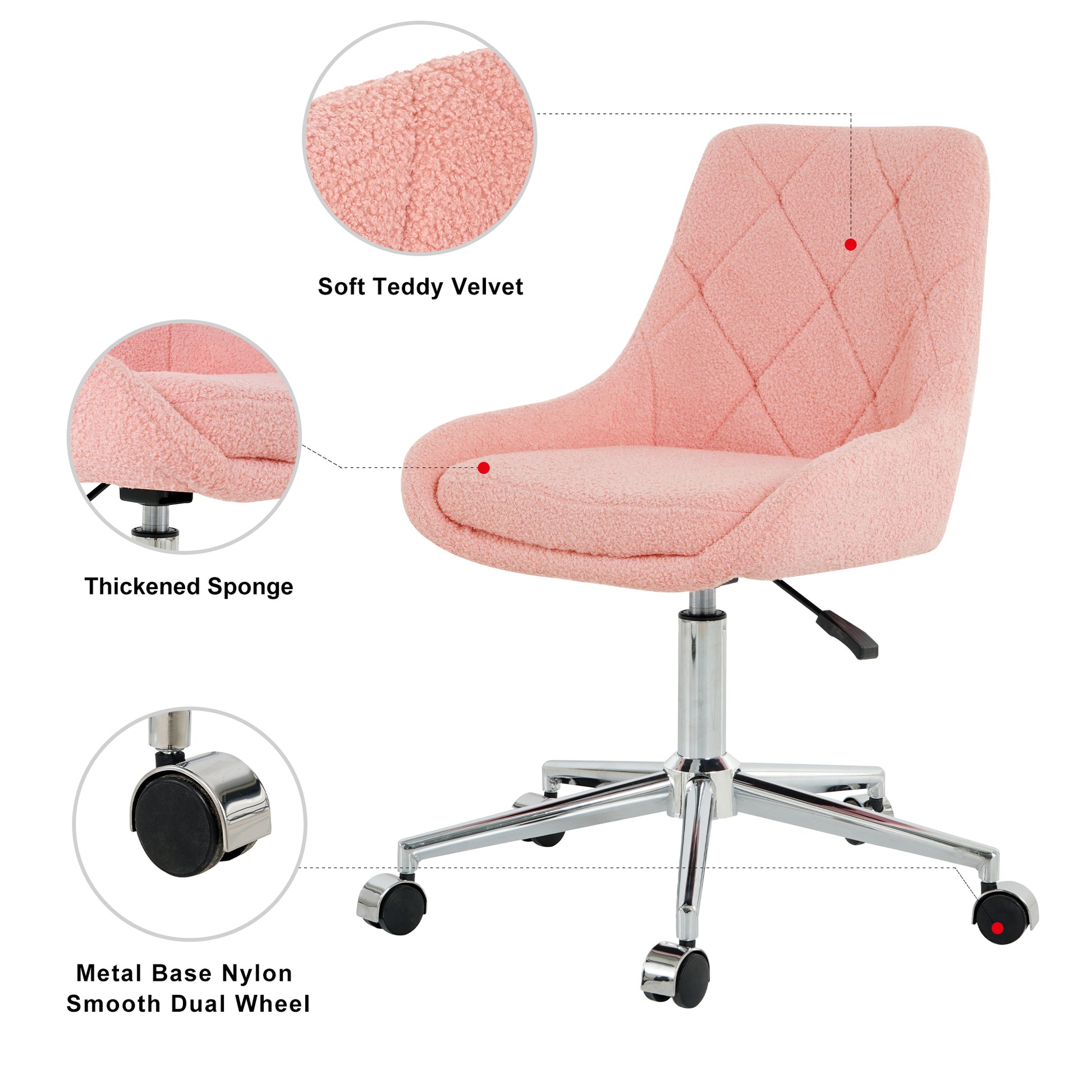 Pink teddy velvet desk chair with diamond quilting and chrome base