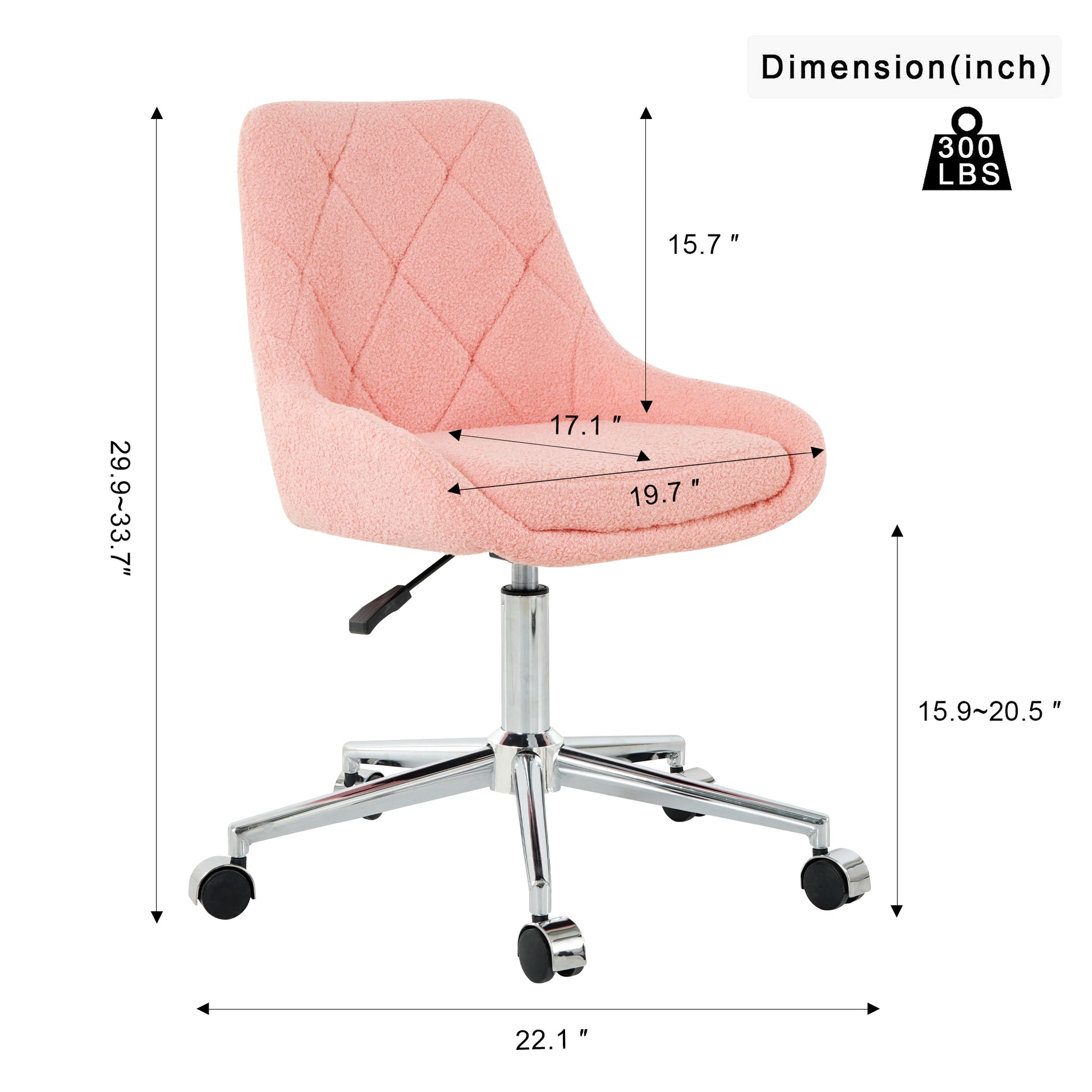 Pink sherpa desk chair with diamond tufting and chrome base