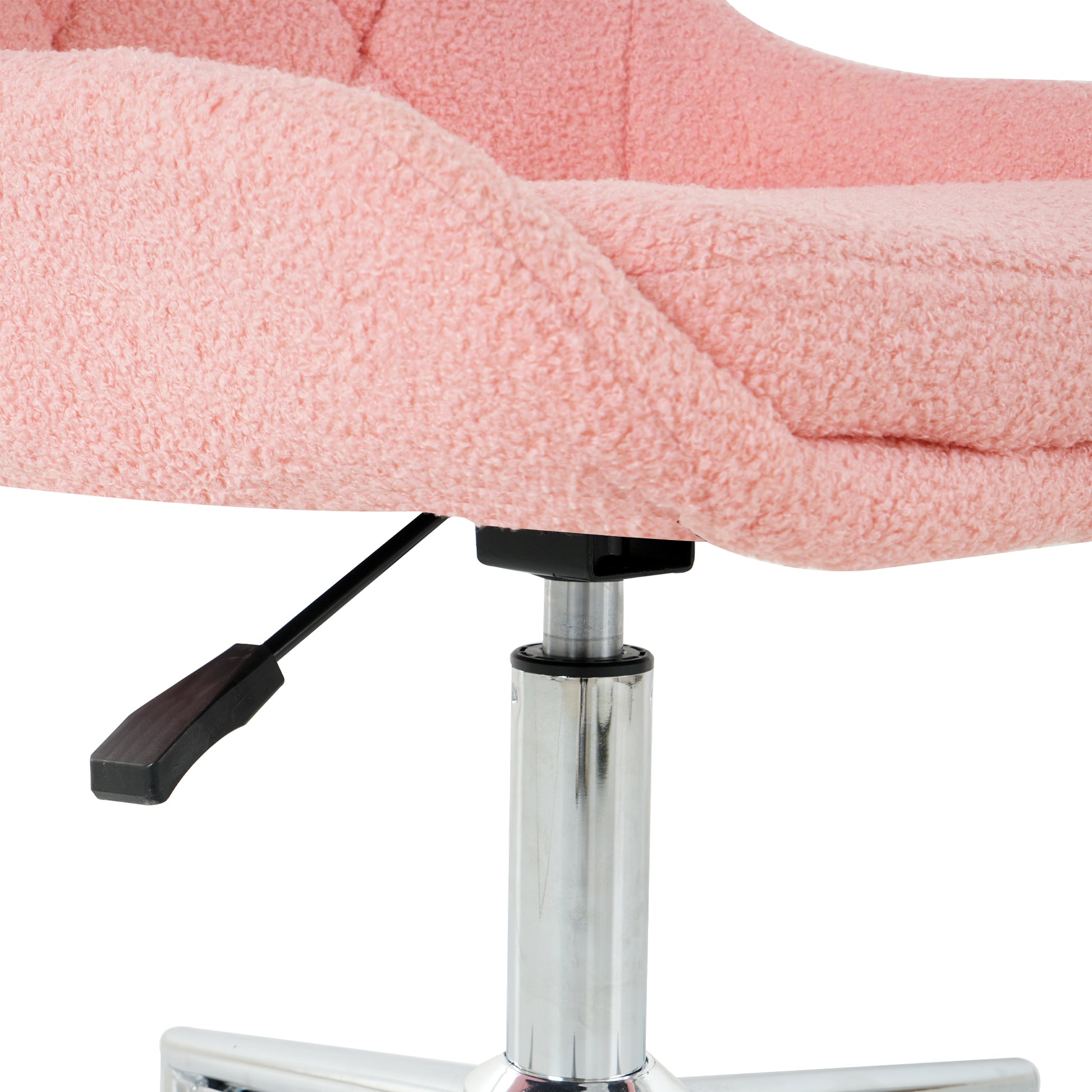 Closeup of plush pink teddy fabric on an adjustable office chair
