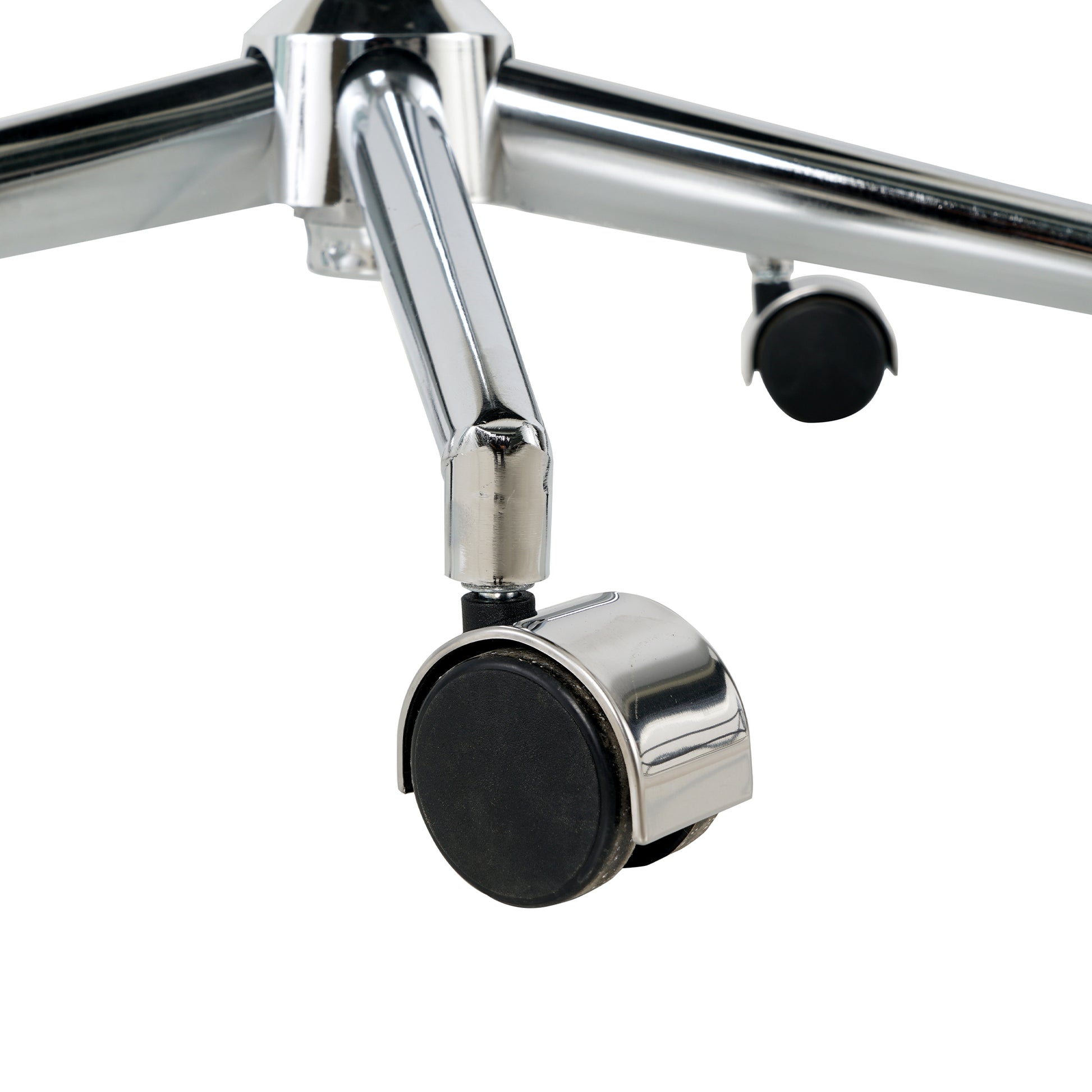 Closeup of a chrome office chair base with five black casters