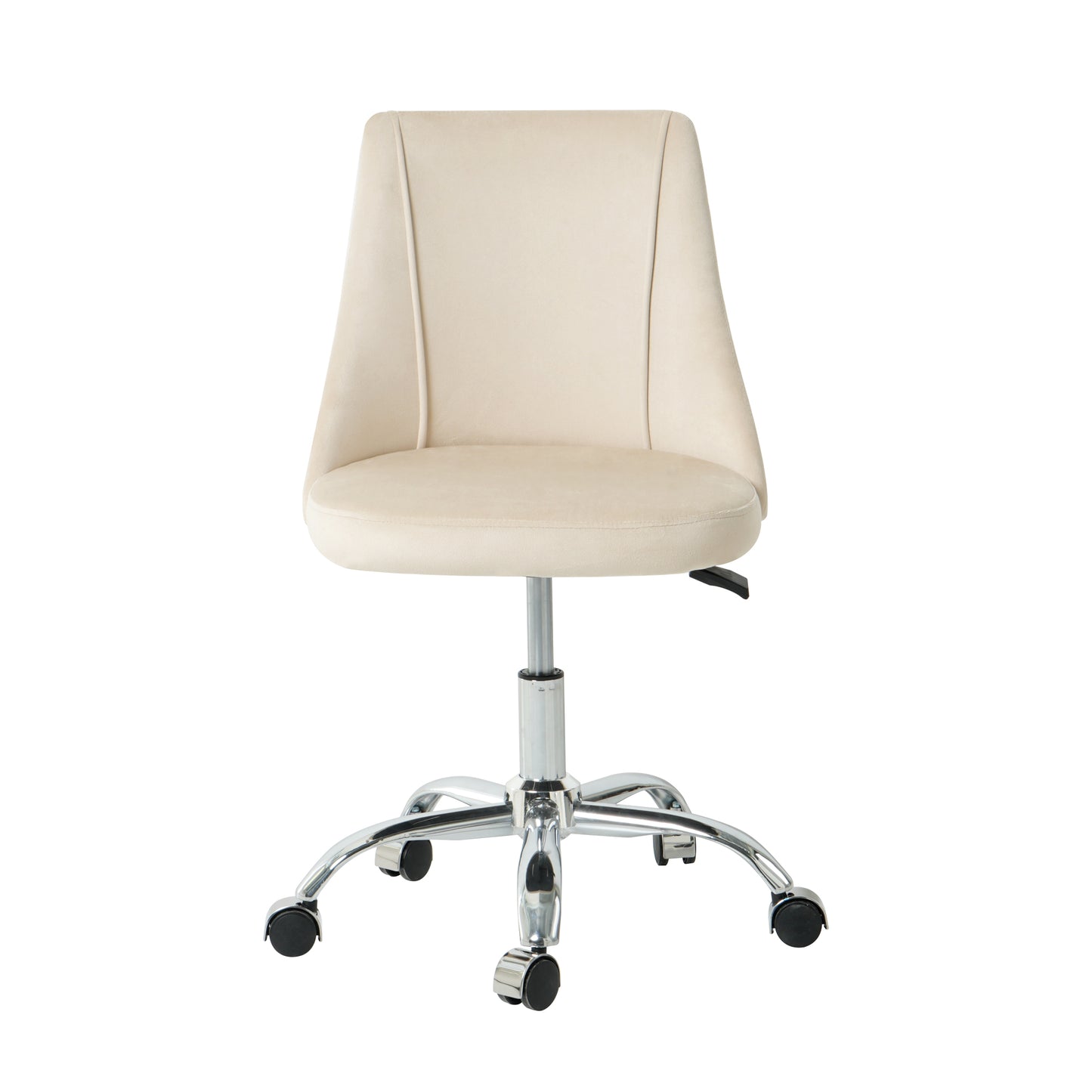 Cream velvet office chair with polished chrome base and casters