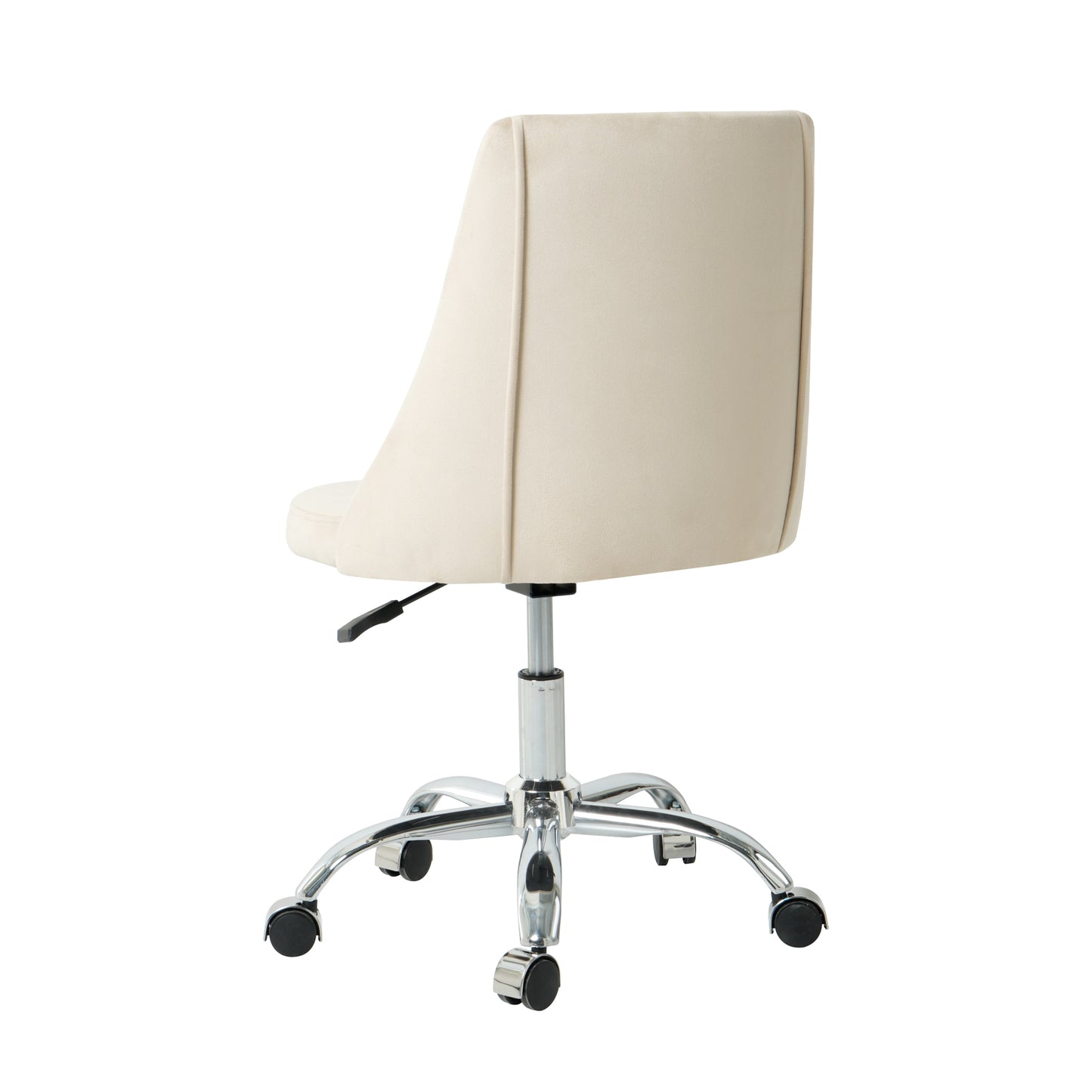 Beige velvet desk chair with chrome fivestar base and casters