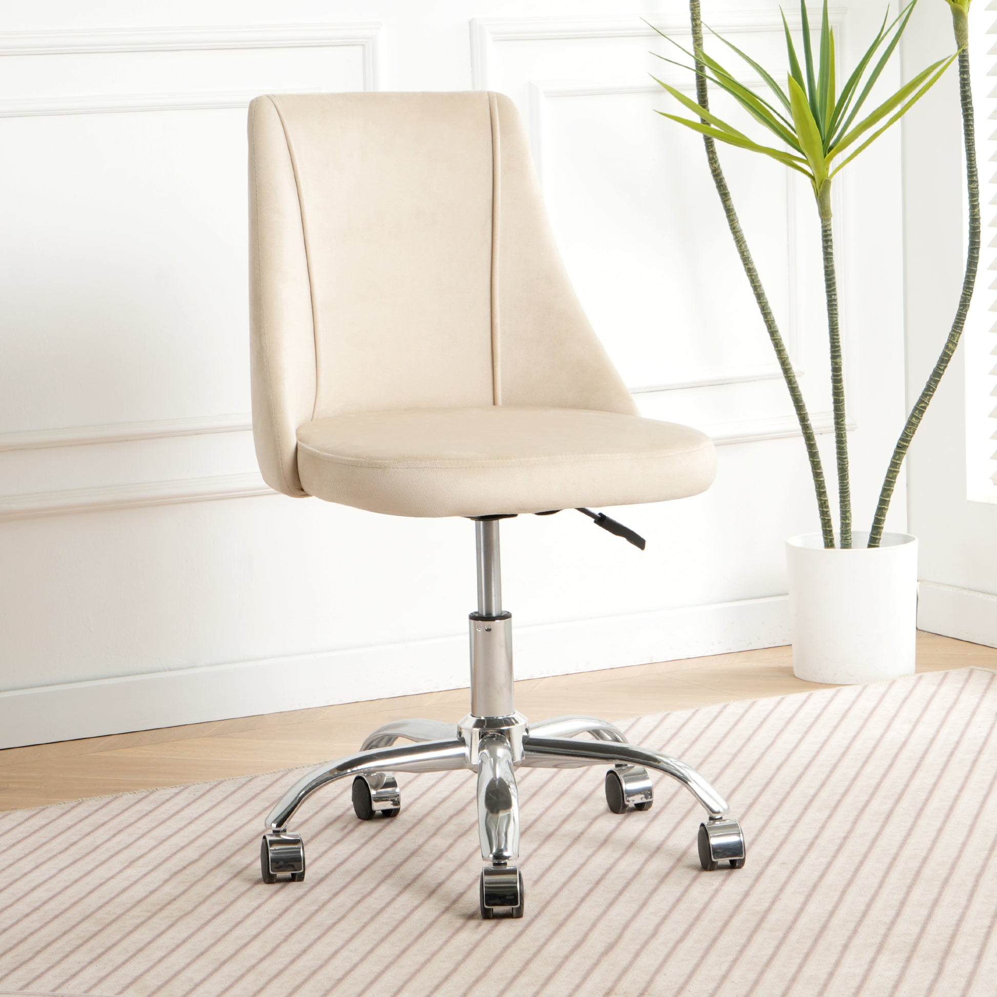 Cream velvet office chair with chrome base and wheels