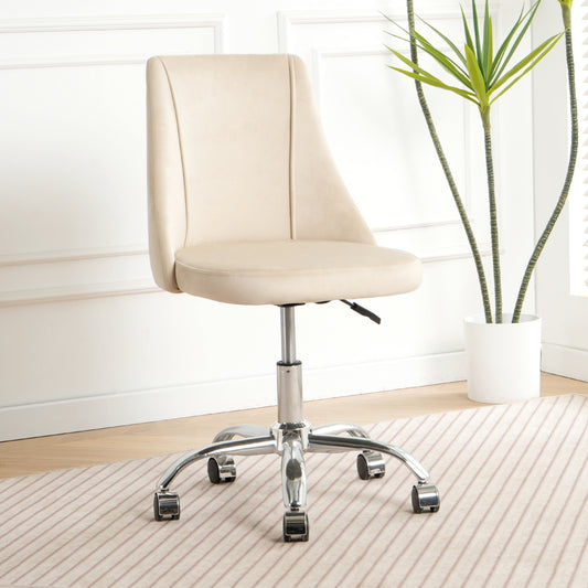 Cream velvet office chair with chrome base and wheels