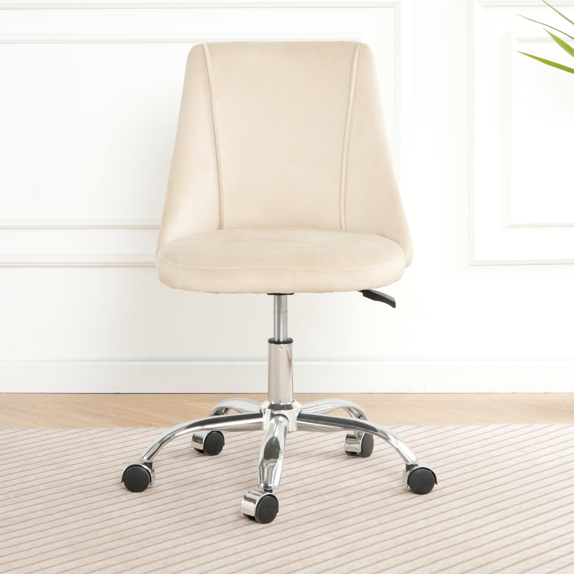 Cream velvet office chair with silver chrome base and wheels