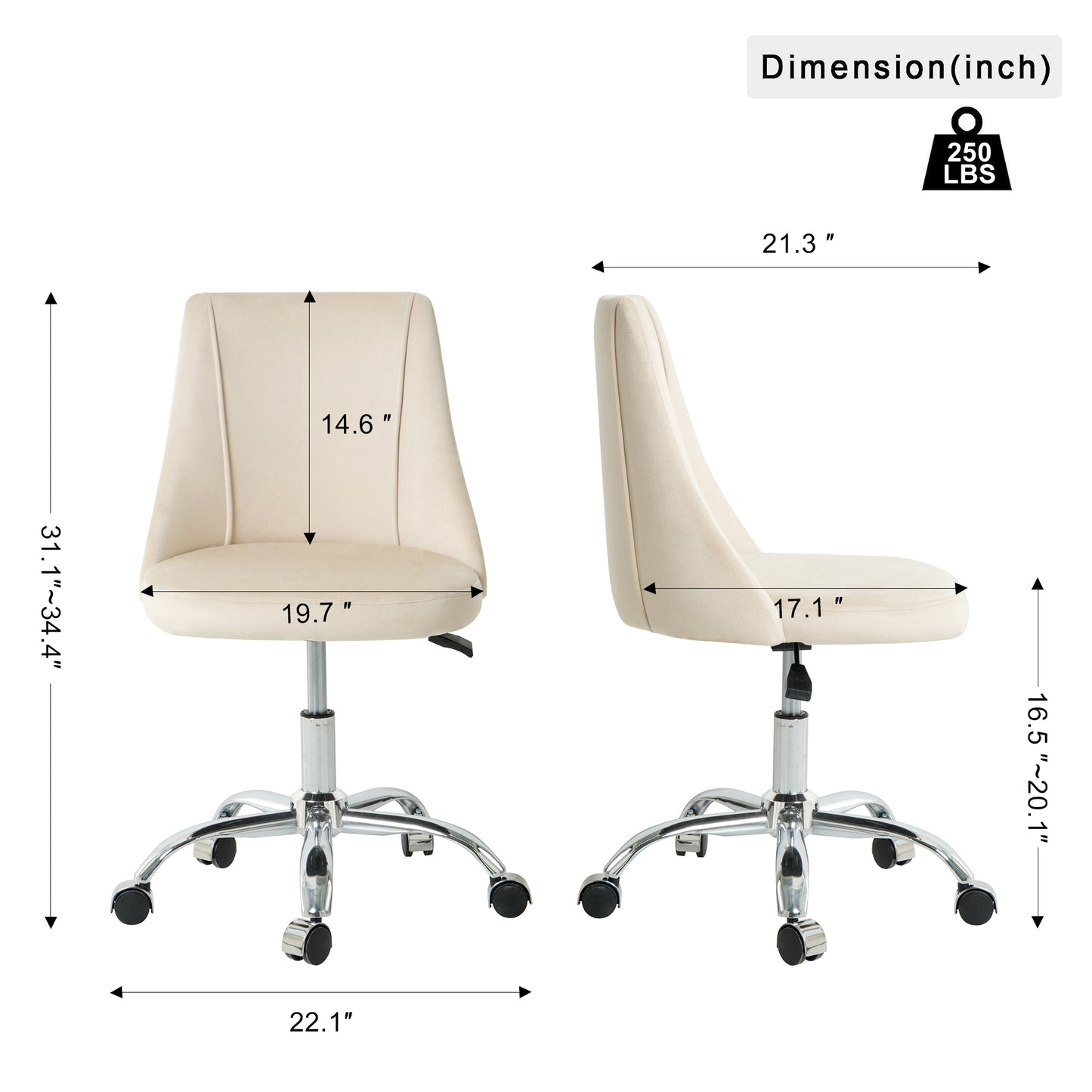 Cream velvet desk chair with chrome accents and adjustable height