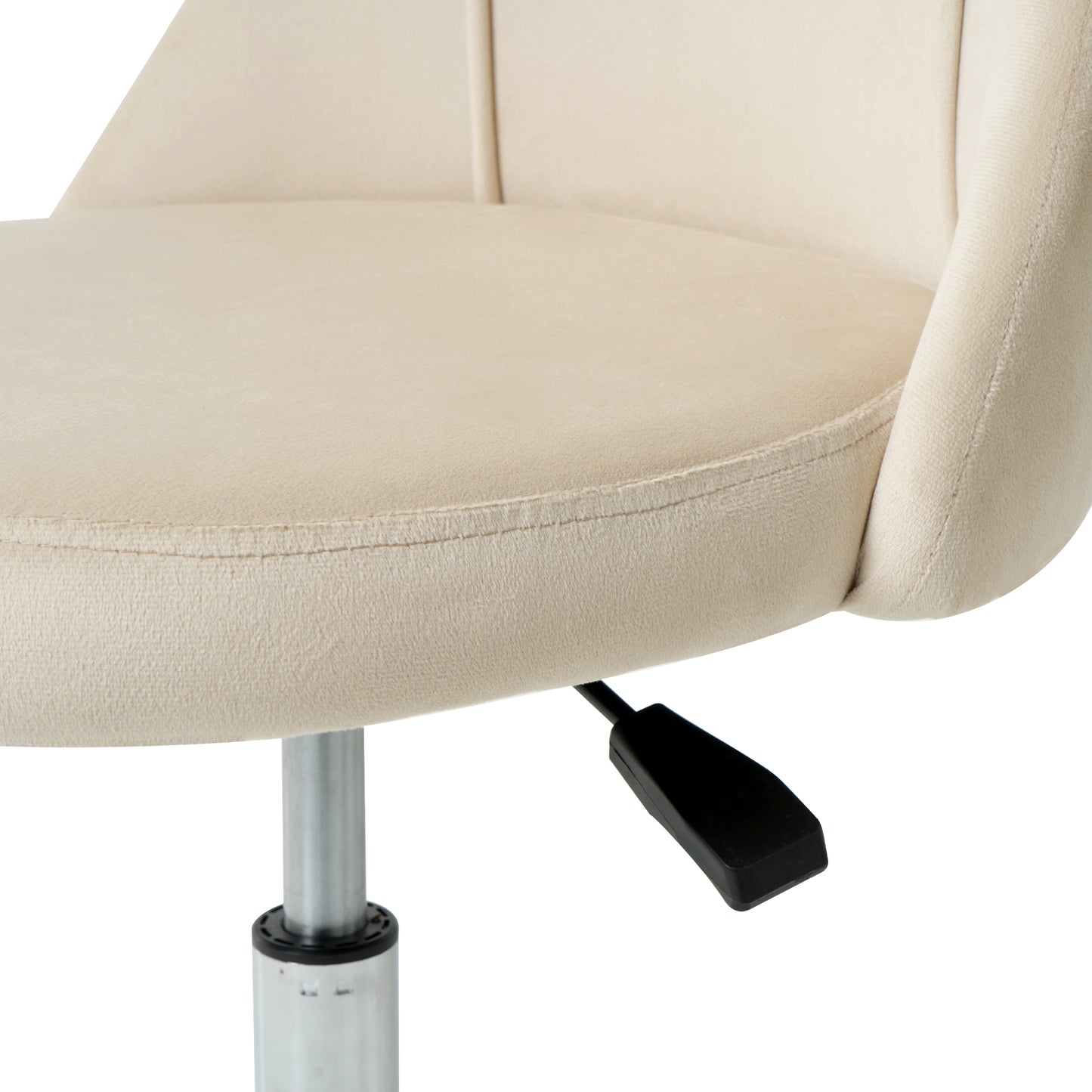 Beige velvet office chair seat with chrome gas lift lever