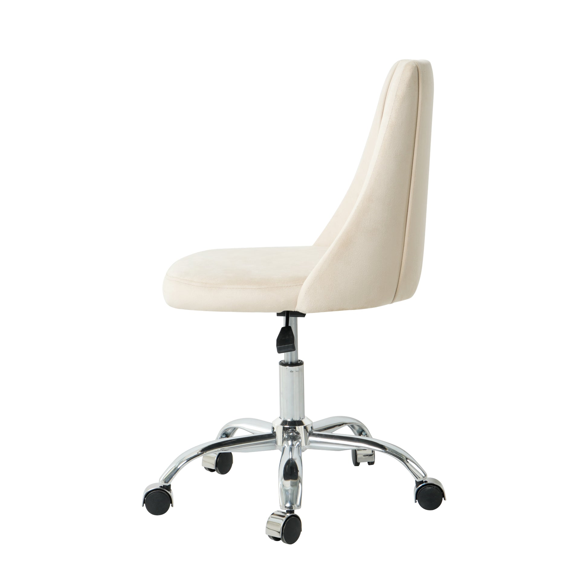 Cream velvet upholstered office chair with adjustable height and chrome base