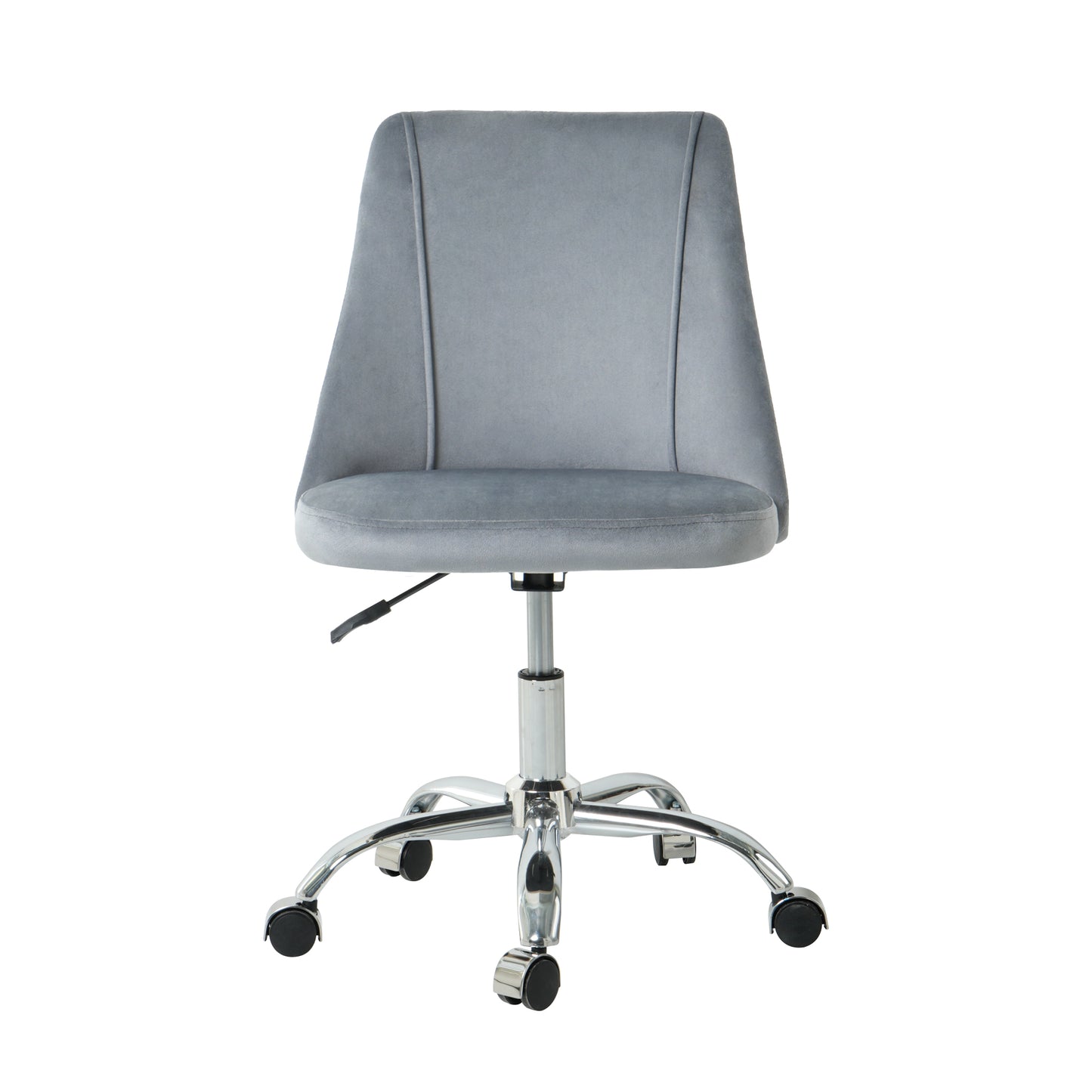 Gray velvet office chair with chrome base and wheels