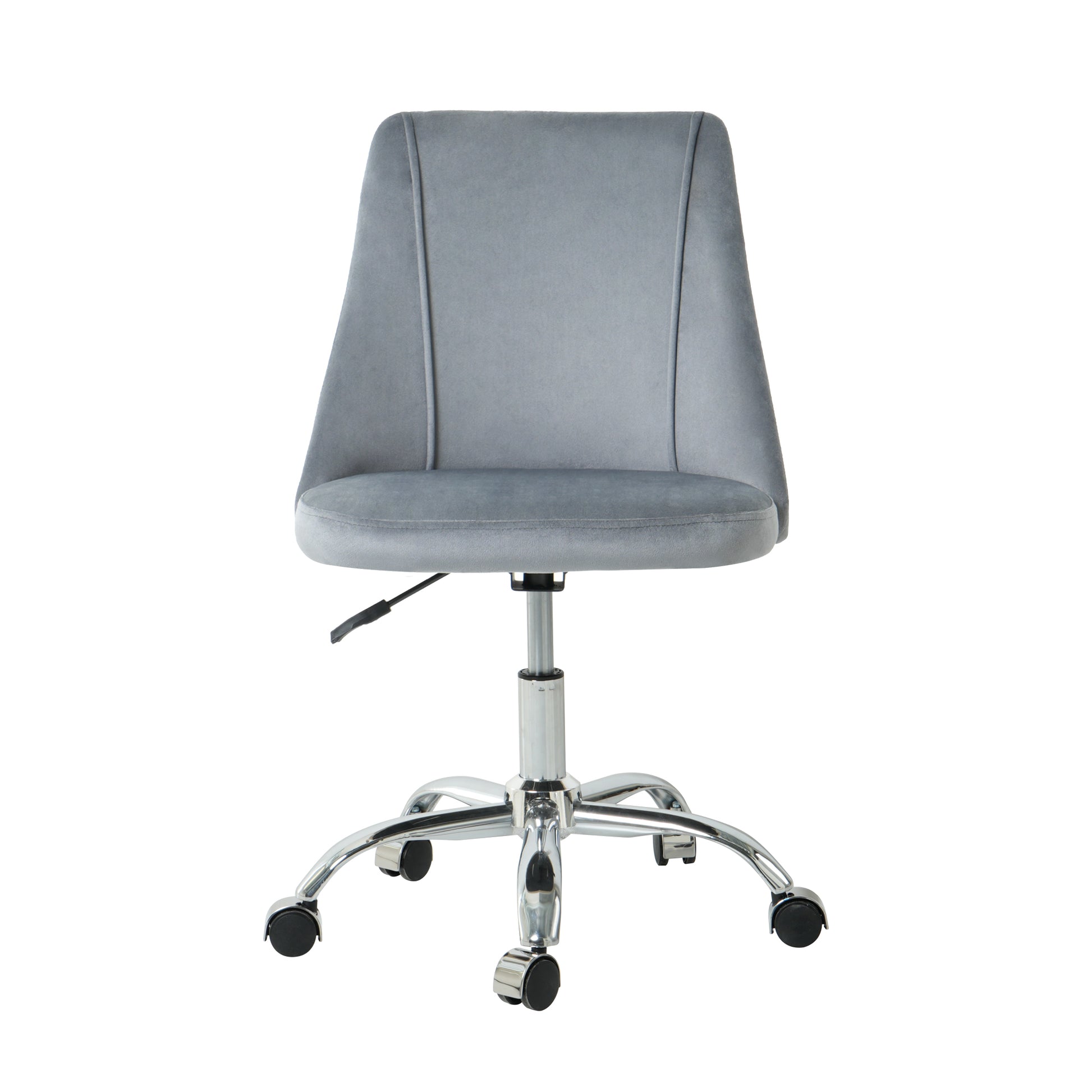 Gray velvet office chair with chrome base and wheels