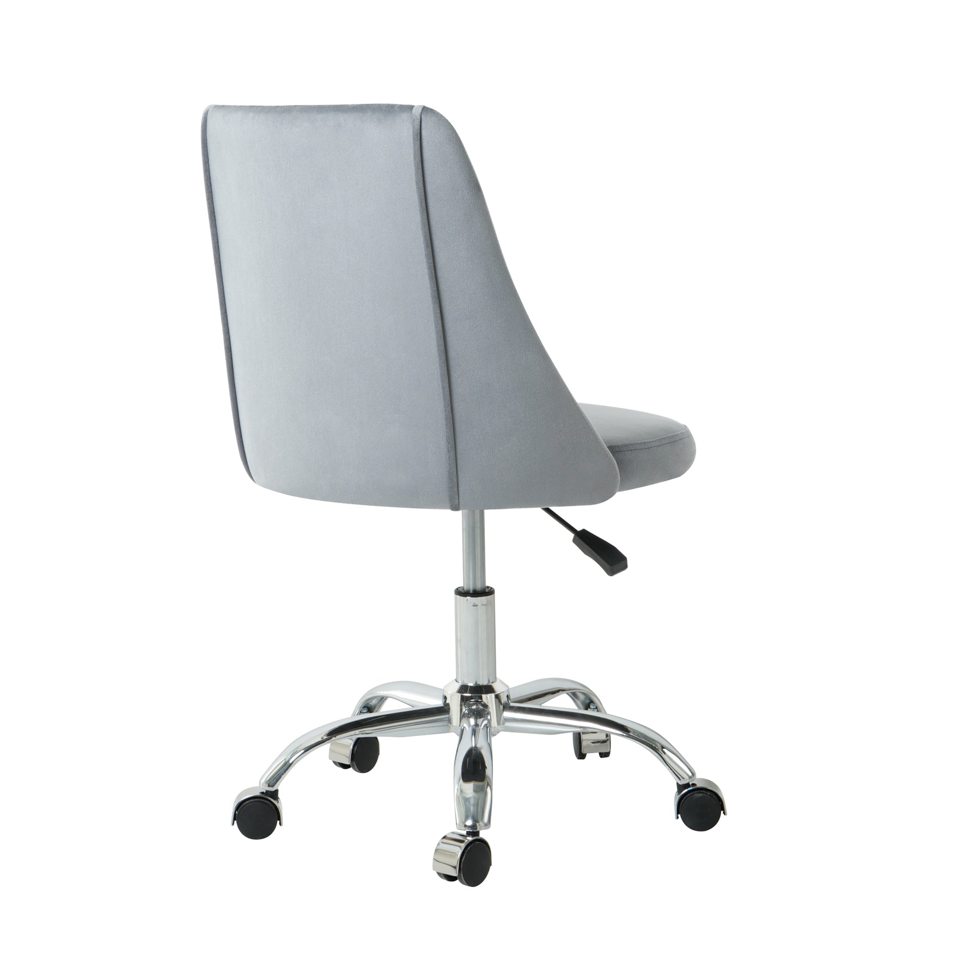 Gray velvet office chair with chrome base and casters